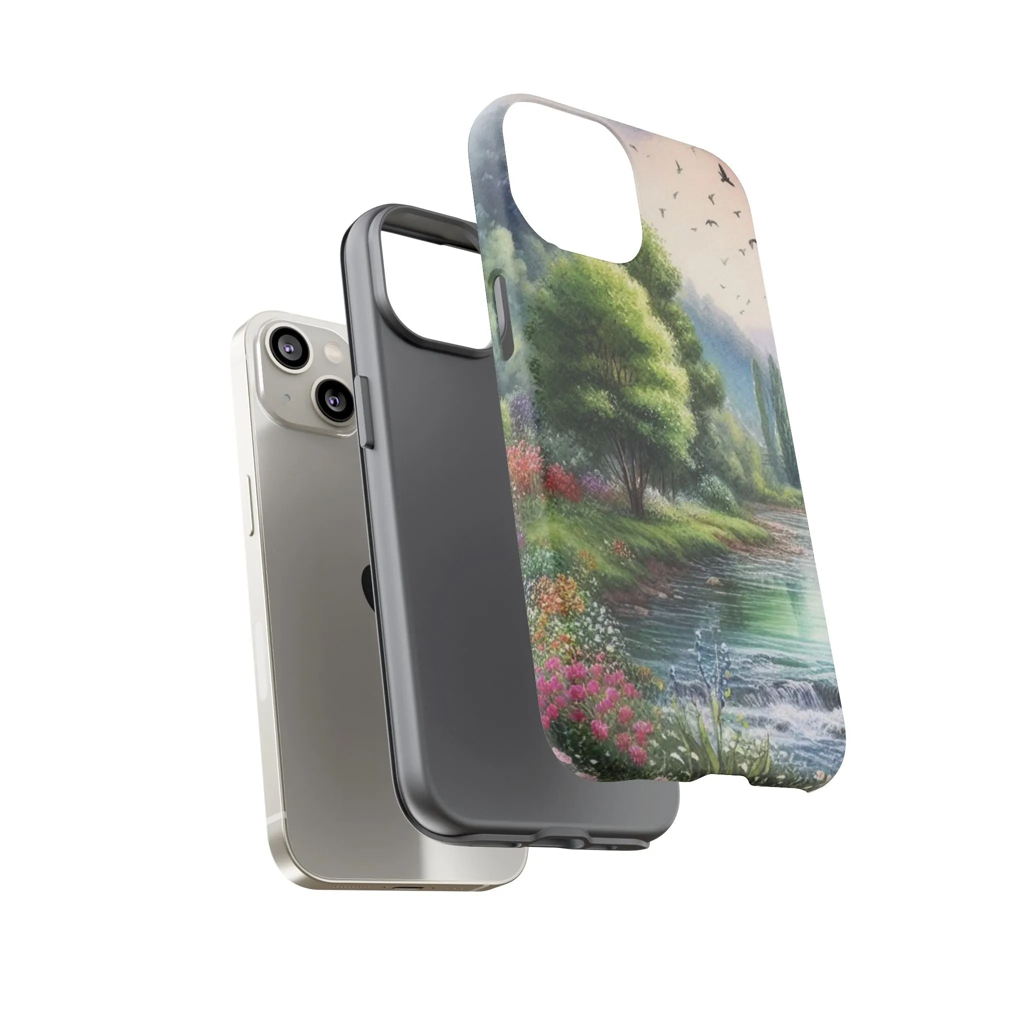 Colorful flowers and nature by a flowing river in spring watercolour effect Tough Cases