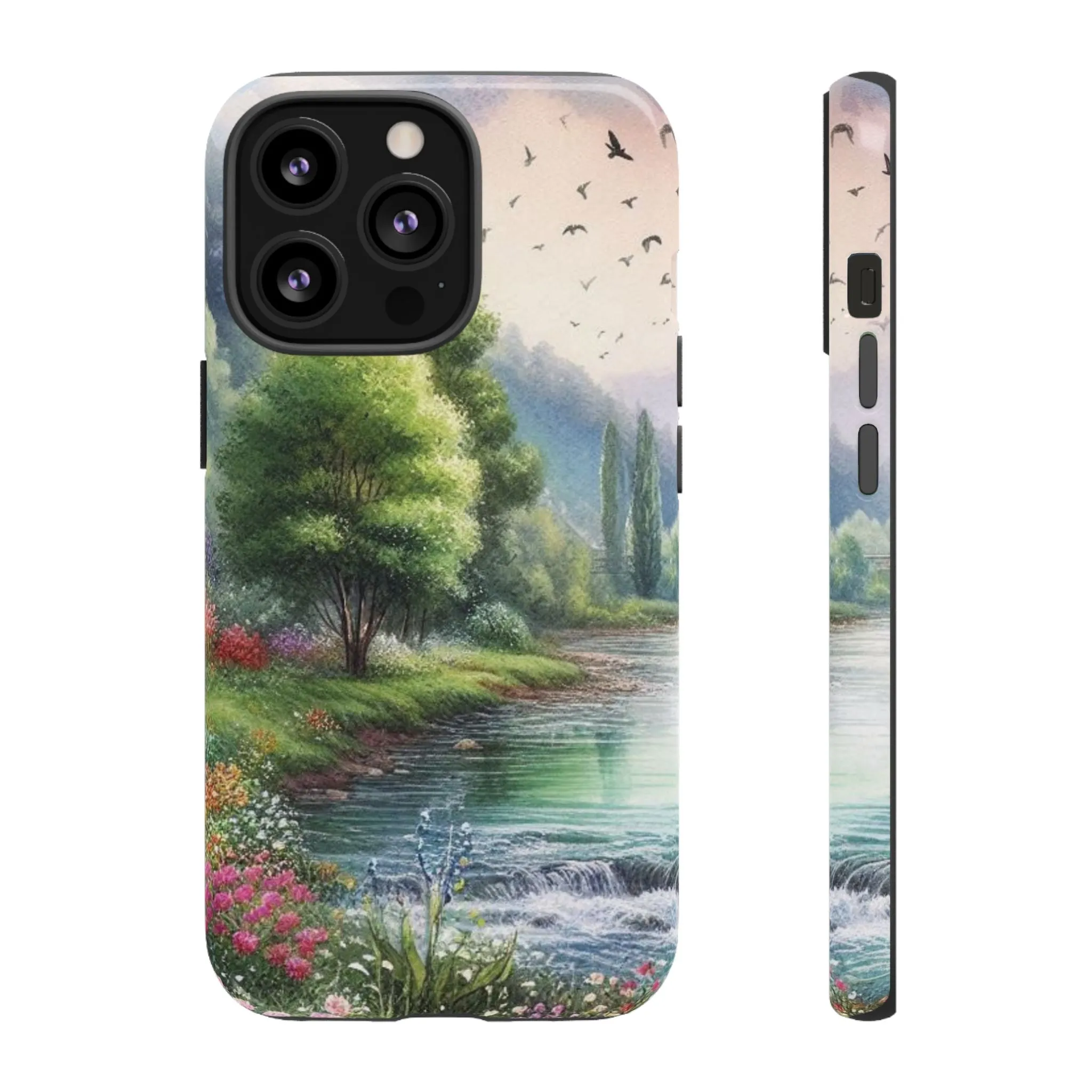 Colorful flowers and nature by a flowing river in spring watercolour effect Tough Cases