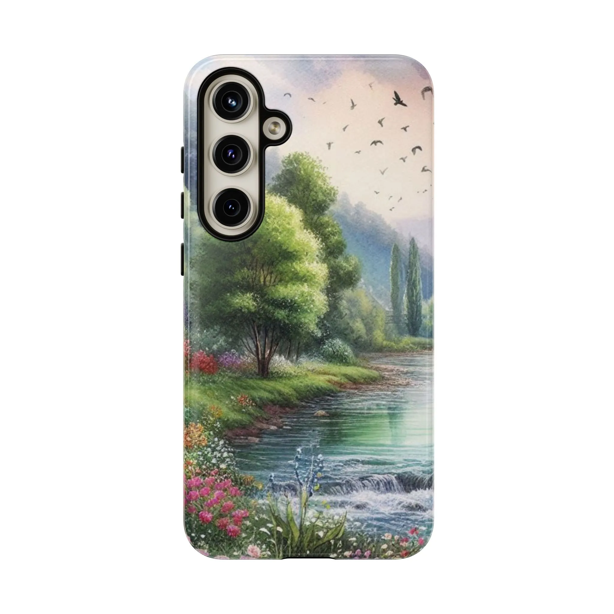 Colorful flowers and nature by a flowing river in spring watercolour effect Tough Cases