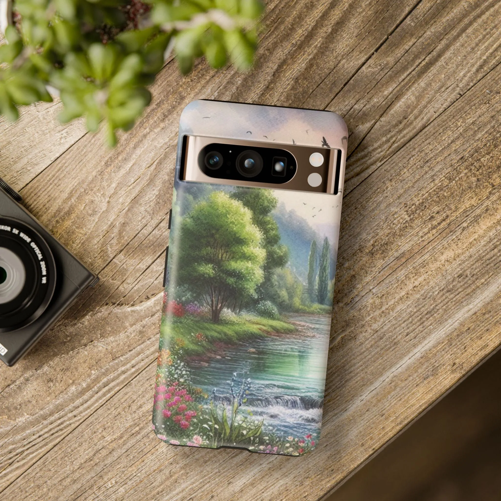 Colorful flowers and nature by a flowing river in spring watercolour effect Tough Cases