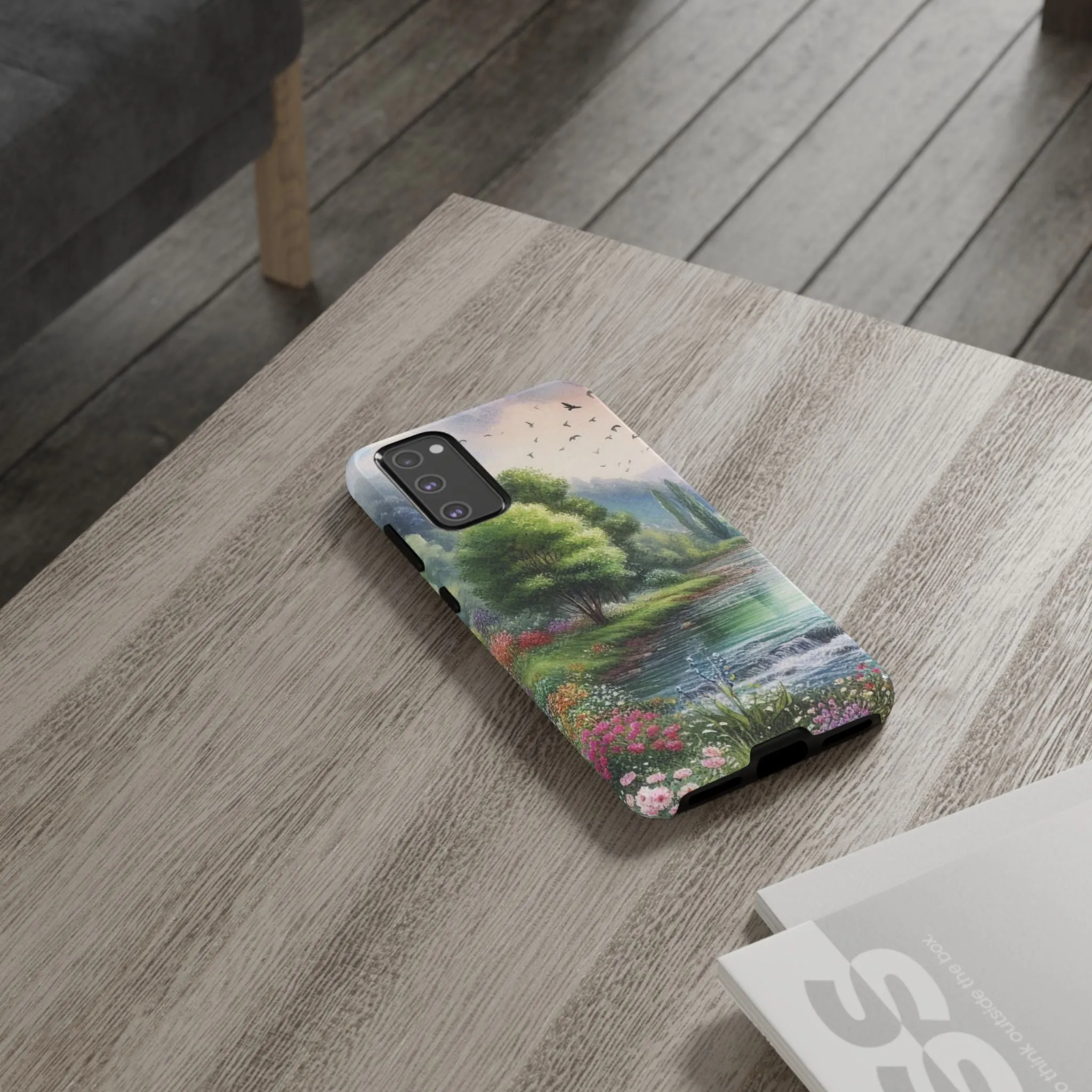 Colorful flowers and nature by a flowing river in spring watercolour effect Tough Cases