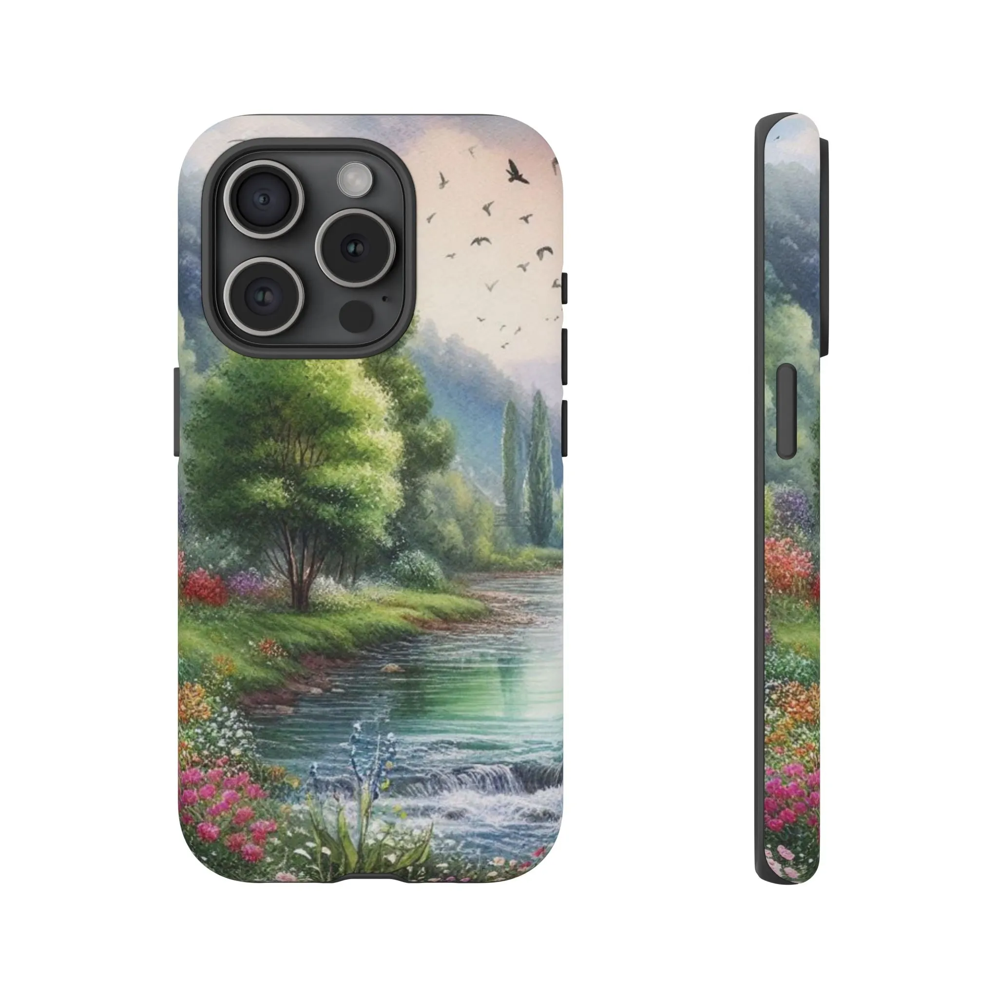 Colorful flowers and nature by a flowing river in spring watercolour effect Tough Cases