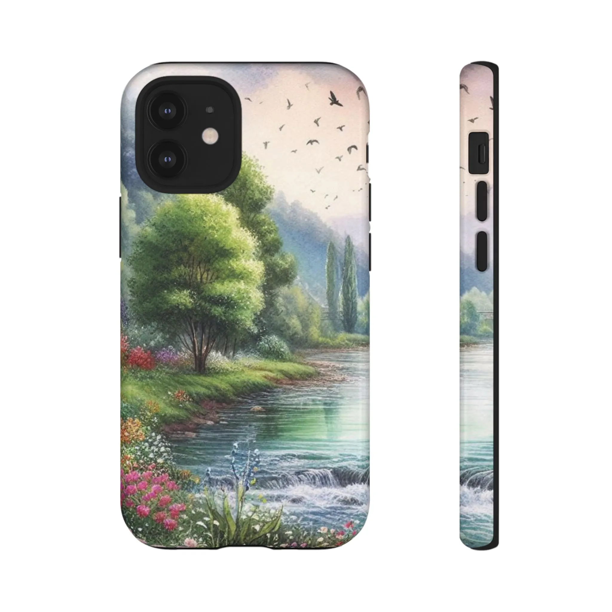 Colorful flowers and nature by a flowing river in spring watercolour effect Tough Cases