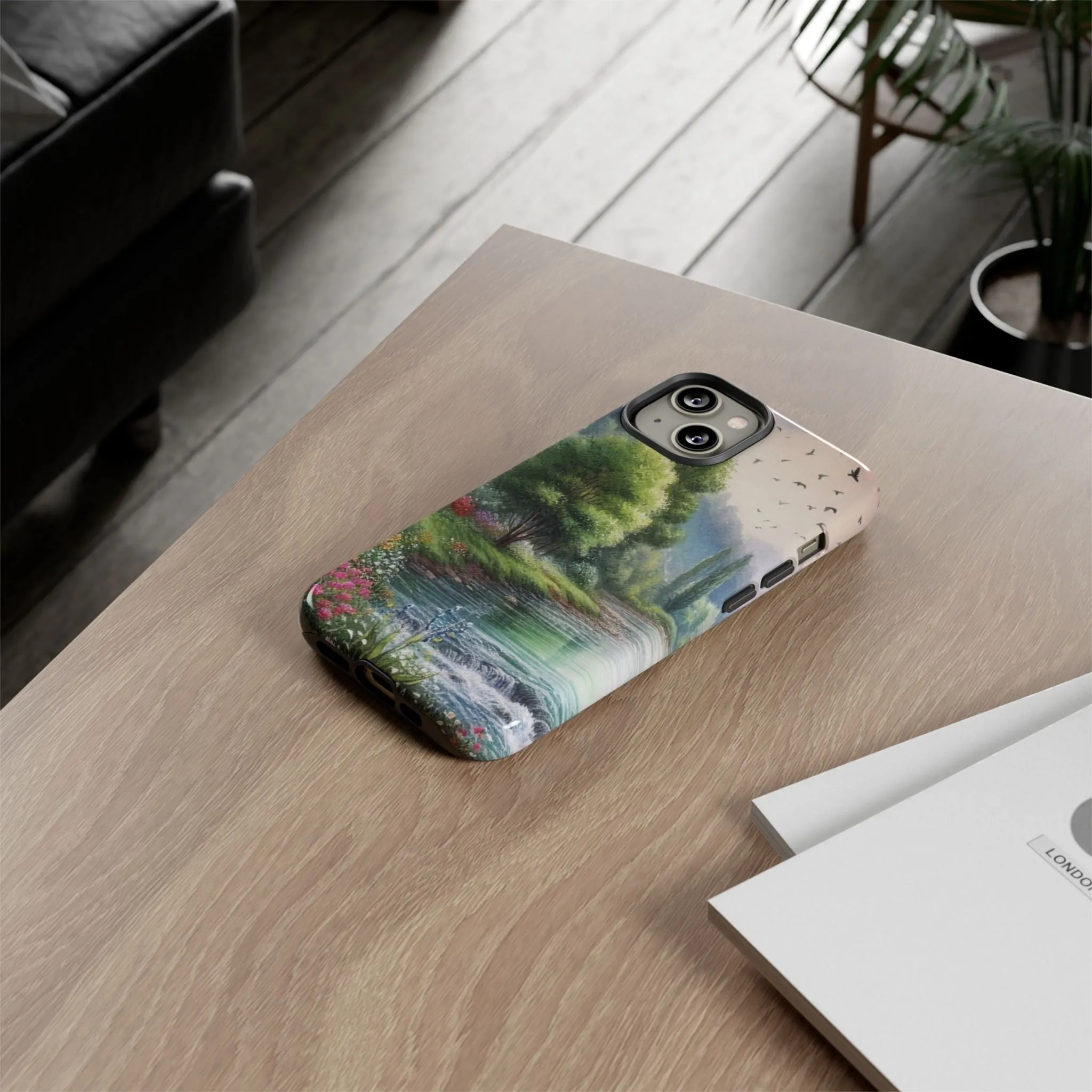 Colorful flowers and nature by a flowing river in spring watercolour effect Tough Cases