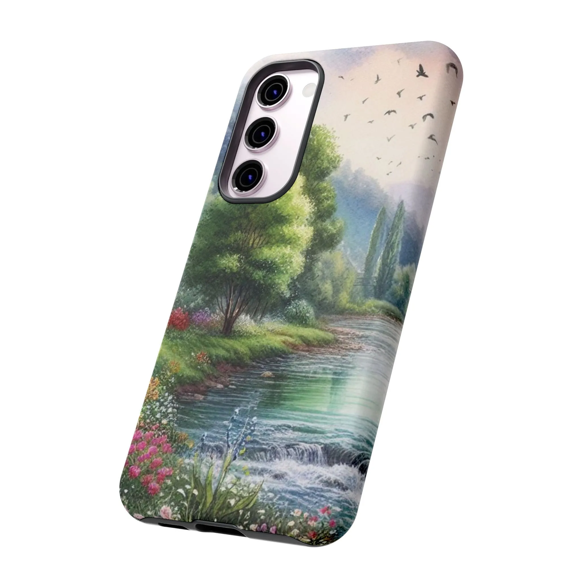 Colorful flowers and nature by a flowing river in spring watercolour effect Tough Cases