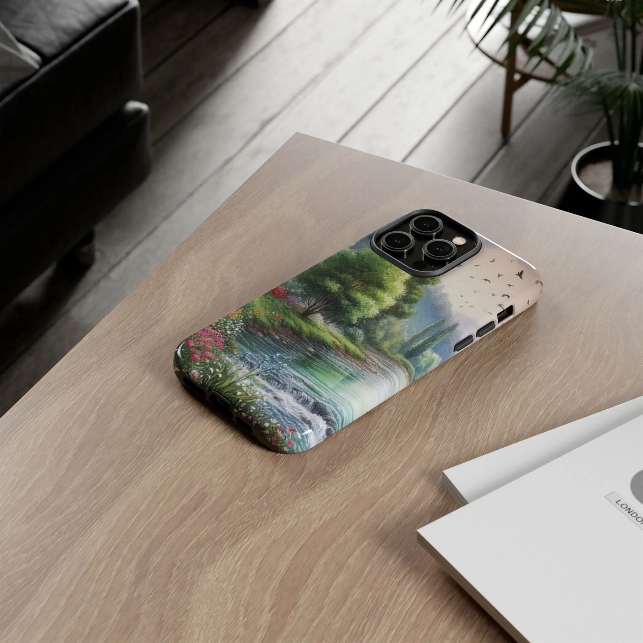 Colorful flowers and nature by a flowing river in spring watercolour effect Tough Cases