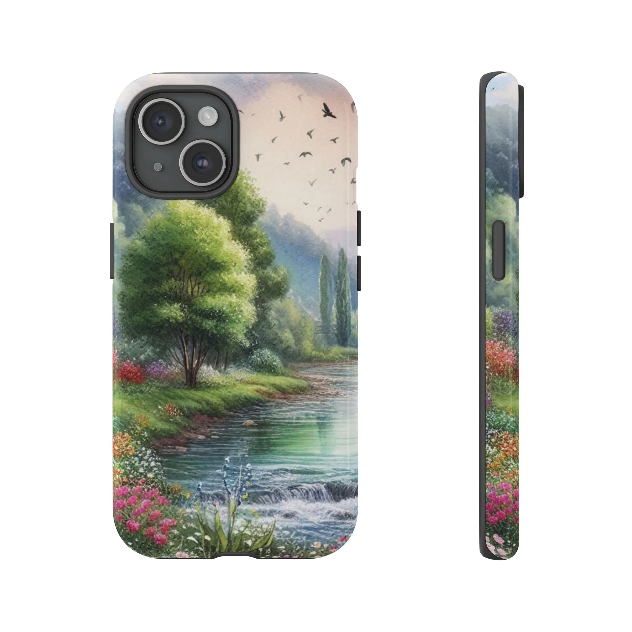 Colorful flowers and nature by a flowing river in spring watercolour effect Tough Cases