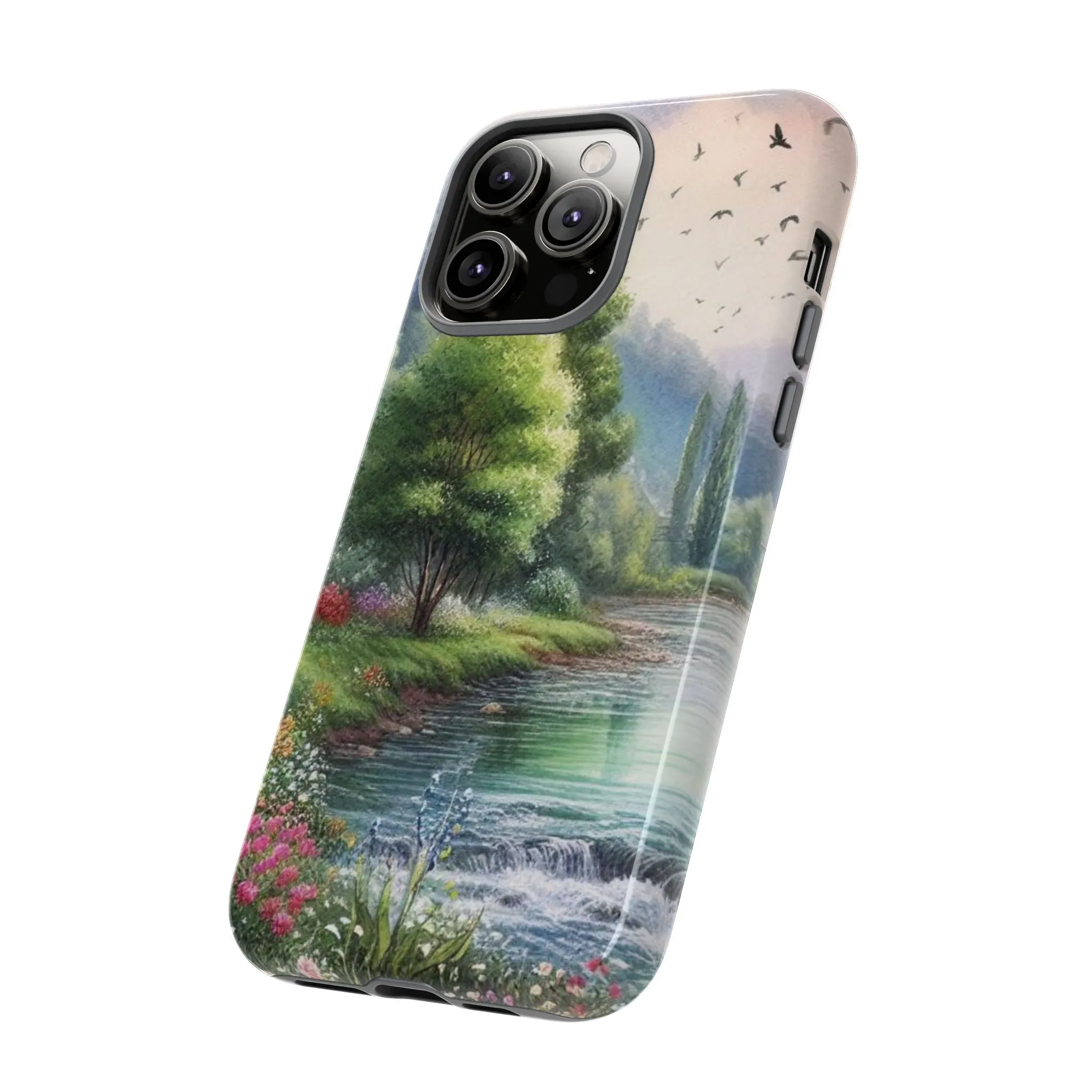Colorful flowers and nature by a flowing river in spring watercolour effect Tough Cases