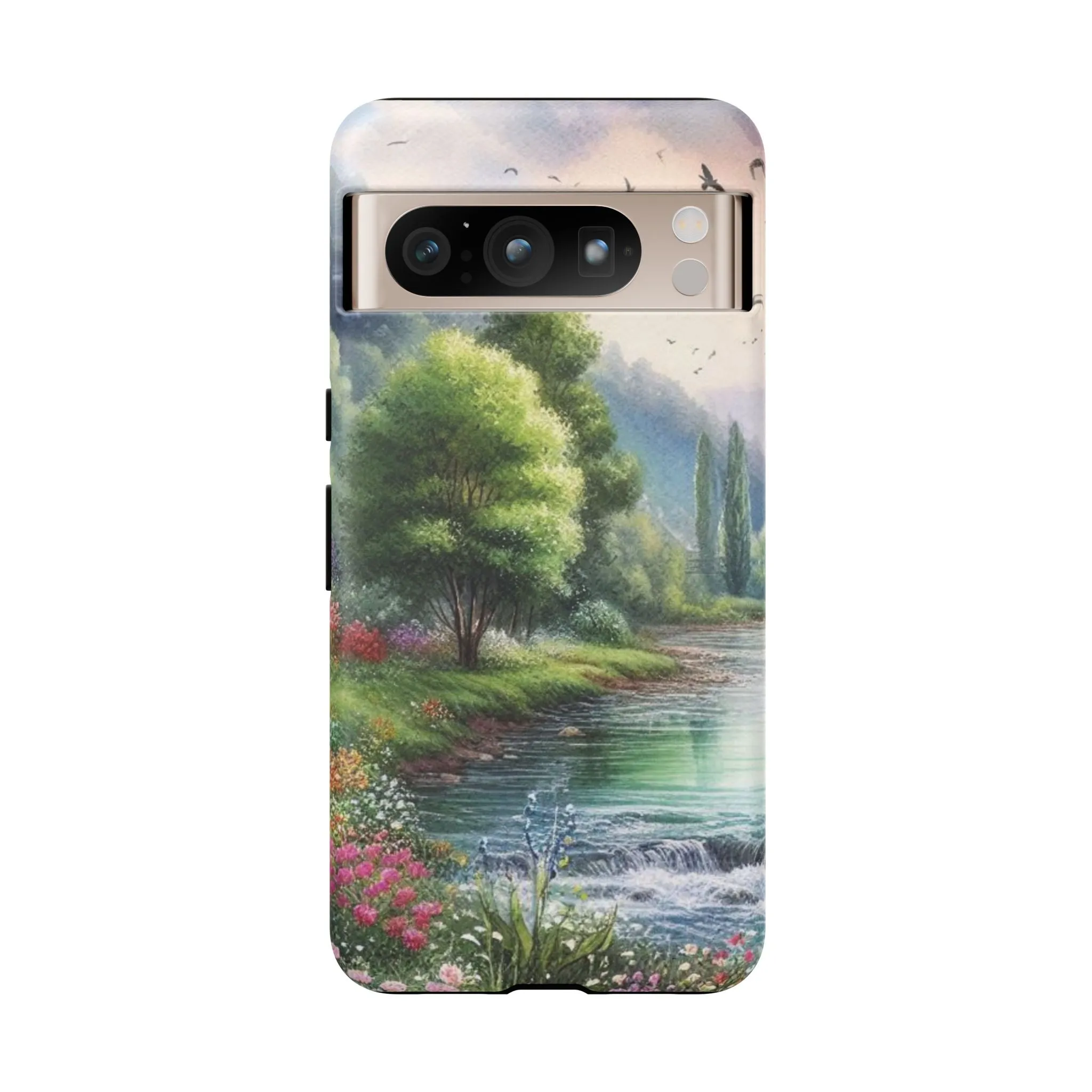 Colorful flowers and nature by a flowing river in spring watercolour effect Tough Cases