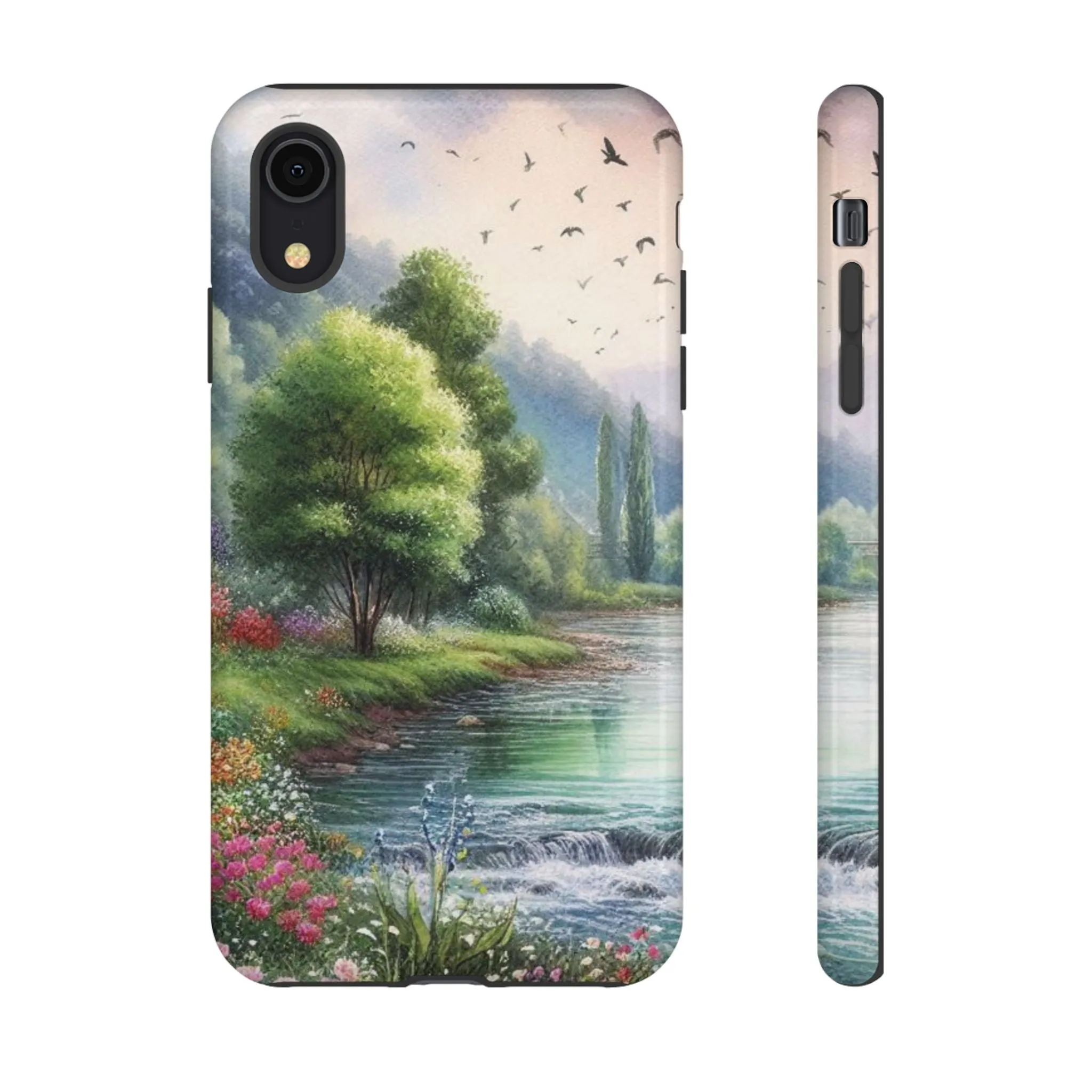 Colorful flowers and nature by a flowing river in spring watercolour effect Tough Cases
