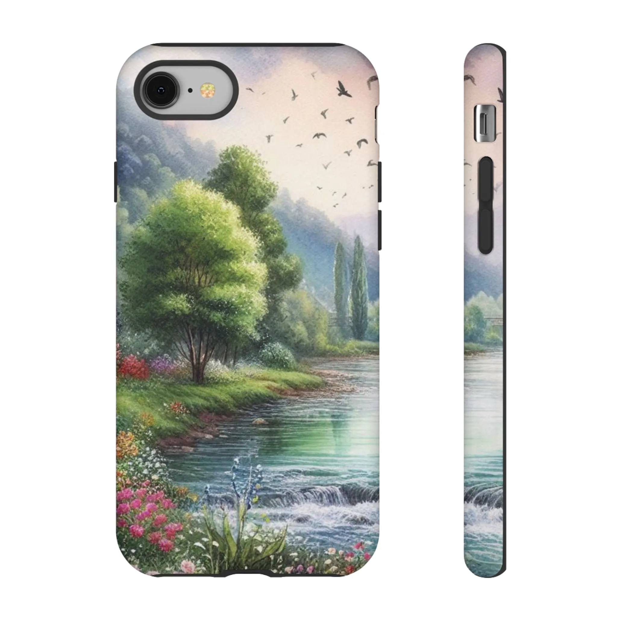 Colorful flowers and nature by a flowing river in spring watercolour effect Tough Cases