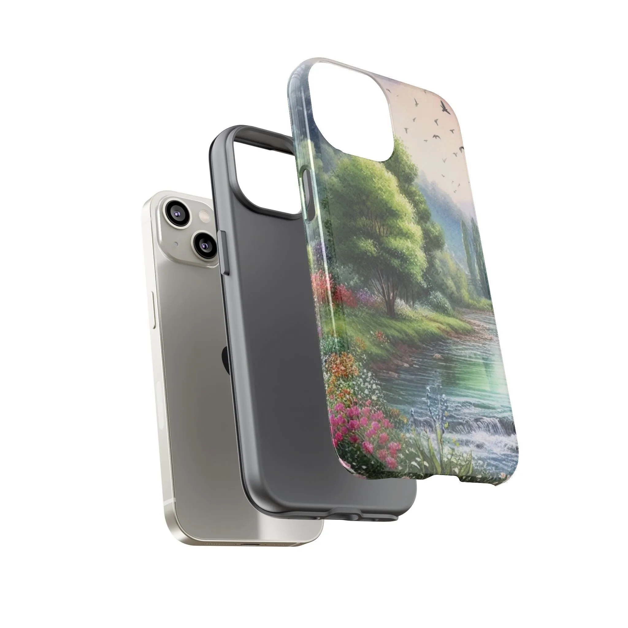 Colorful flowers and nature by a flowing river in spring watercolour effect Tough Cases
