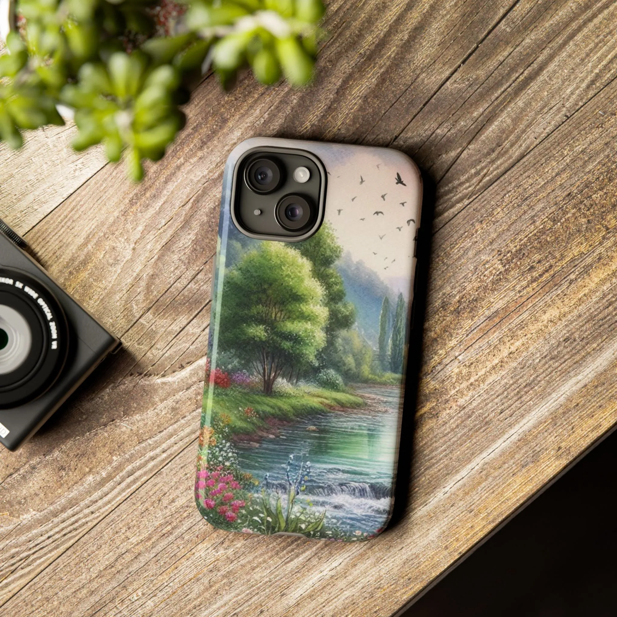 Colorful flowers and nature by a flowing river in spring watercolour effect Tough Cases