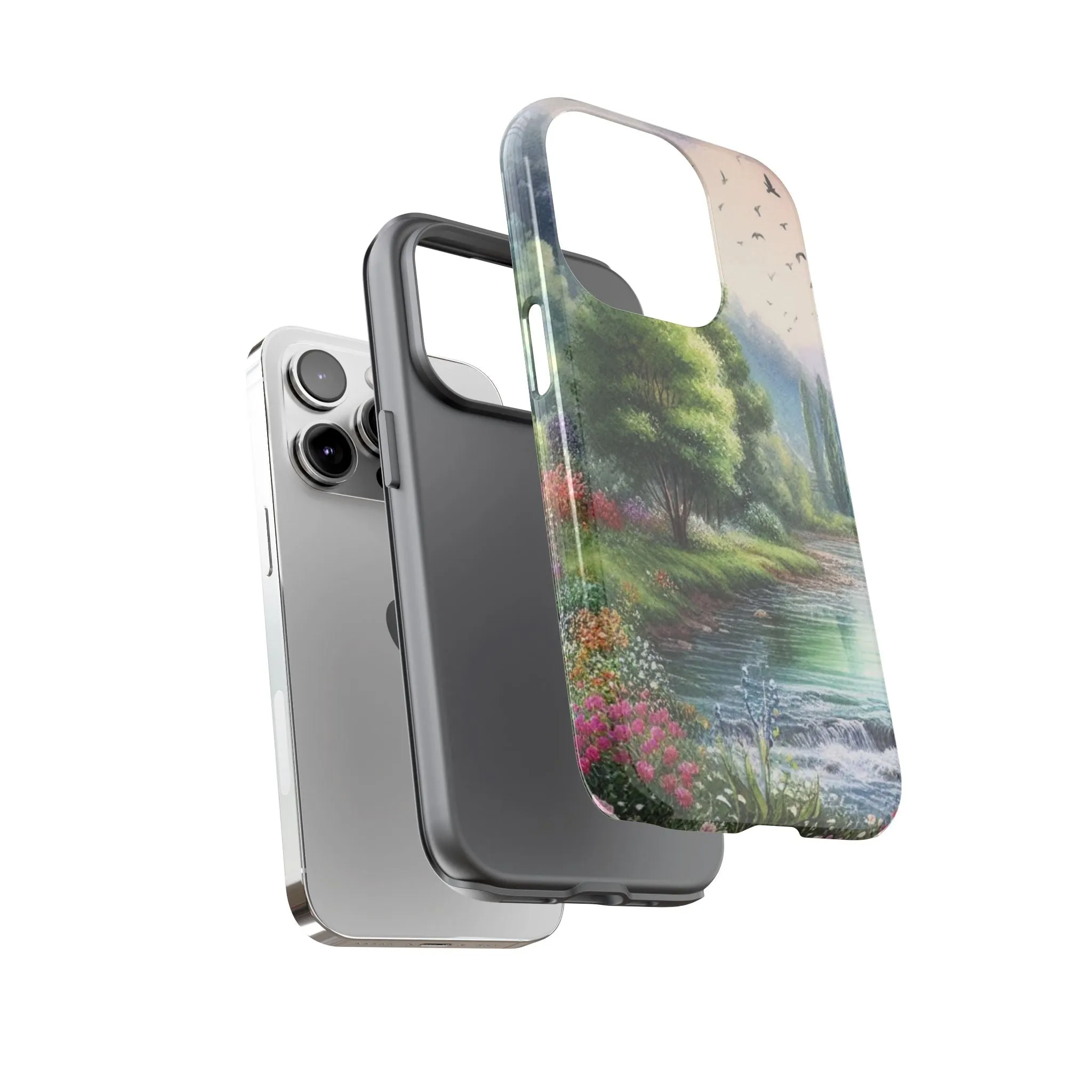 Colorful flowers and nature by a flowing river in spring watercolour effect Tough Cases