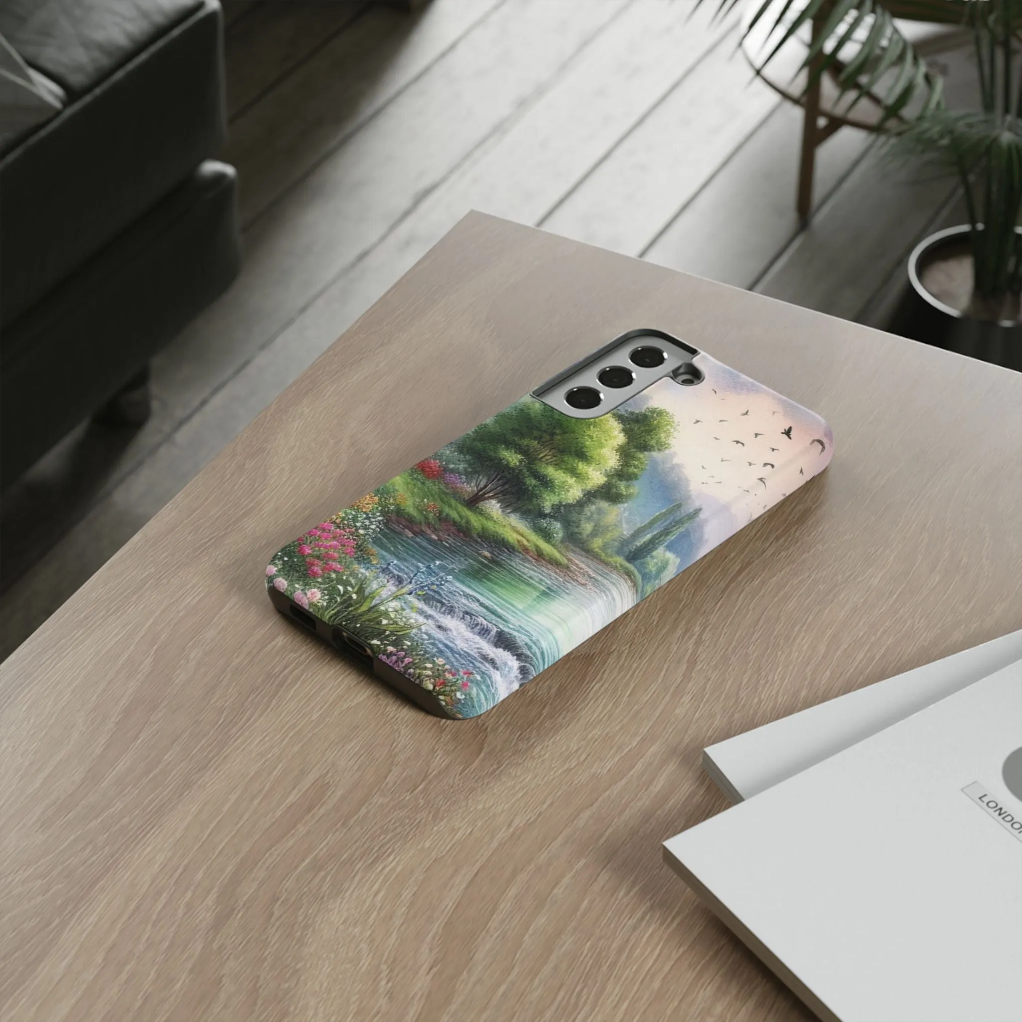 Colorful flowers and nature by a flowing river in spring watercolour effect Tough Cases
