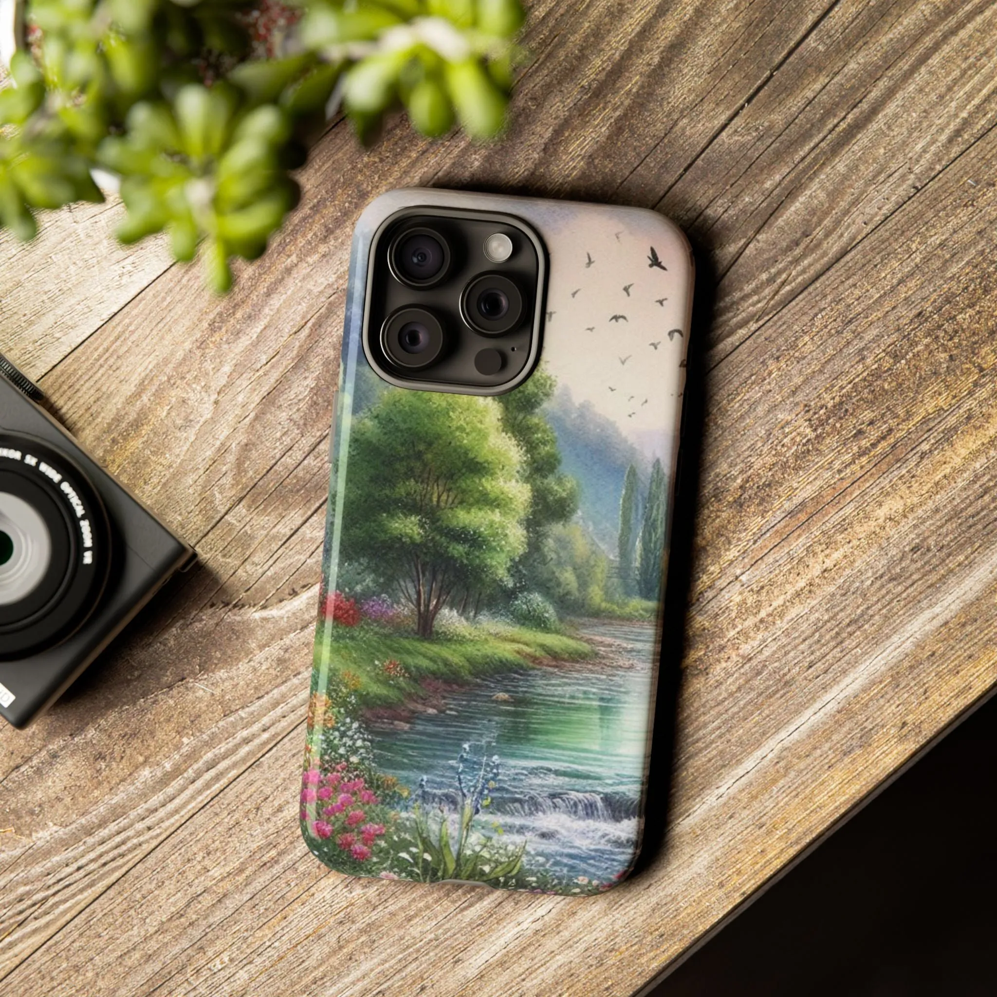 Colorful flowers and nature by a flowing river in spring watercolour effect Tough Cases