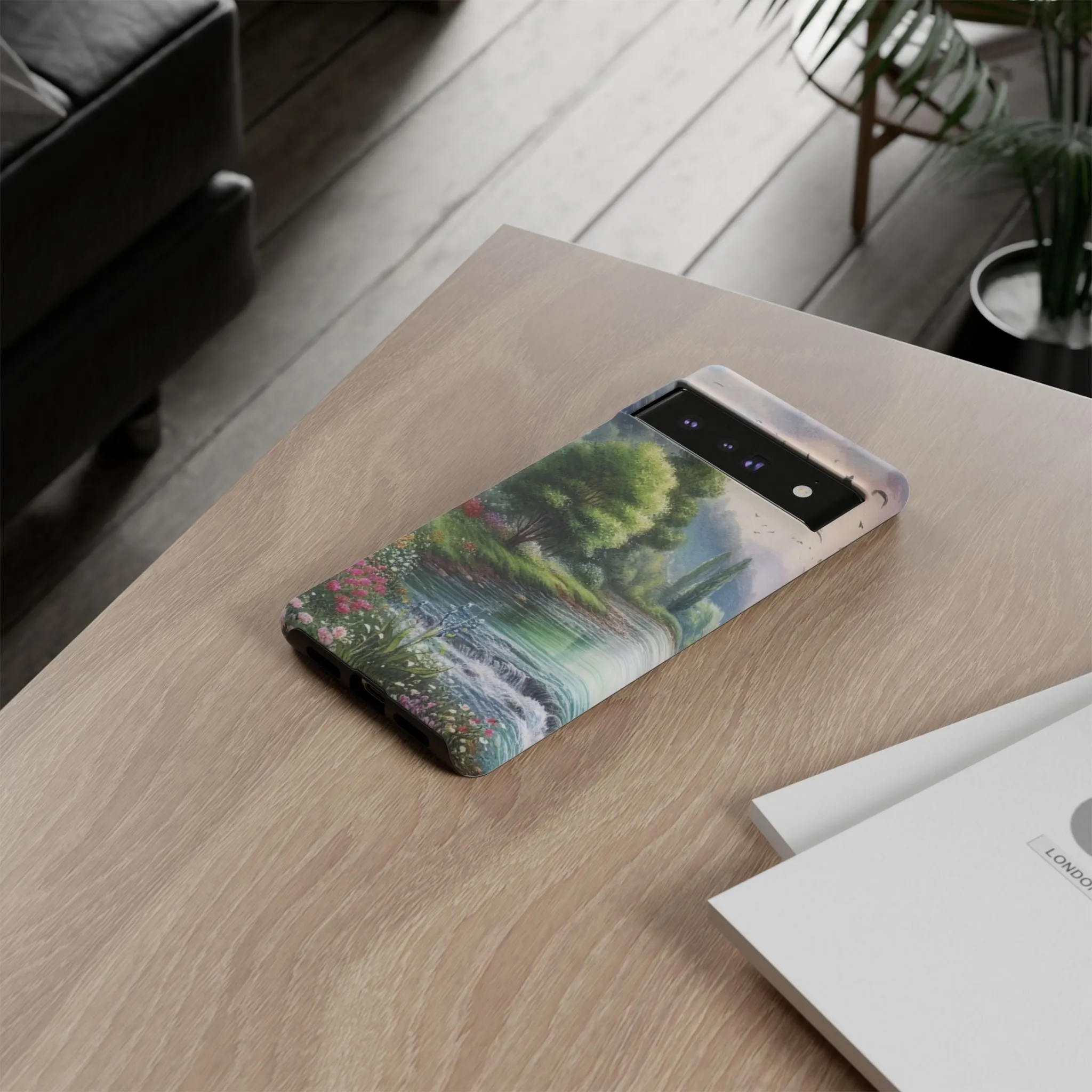 Colorful flowers and nature by a flowing river in spring watercolour effect Tough Cases