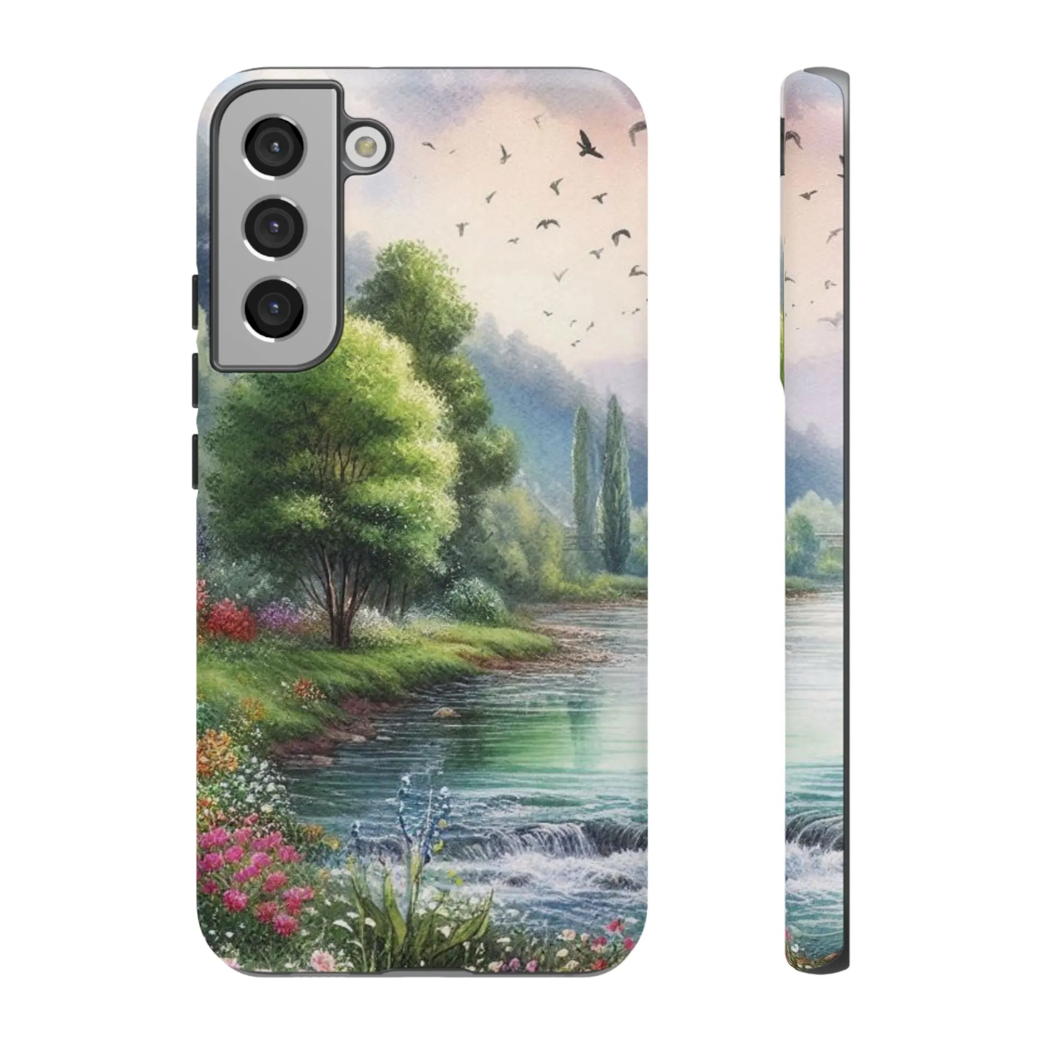 Colorful flowers and nature by a flowing river in spring watercolour effect Tough Cases