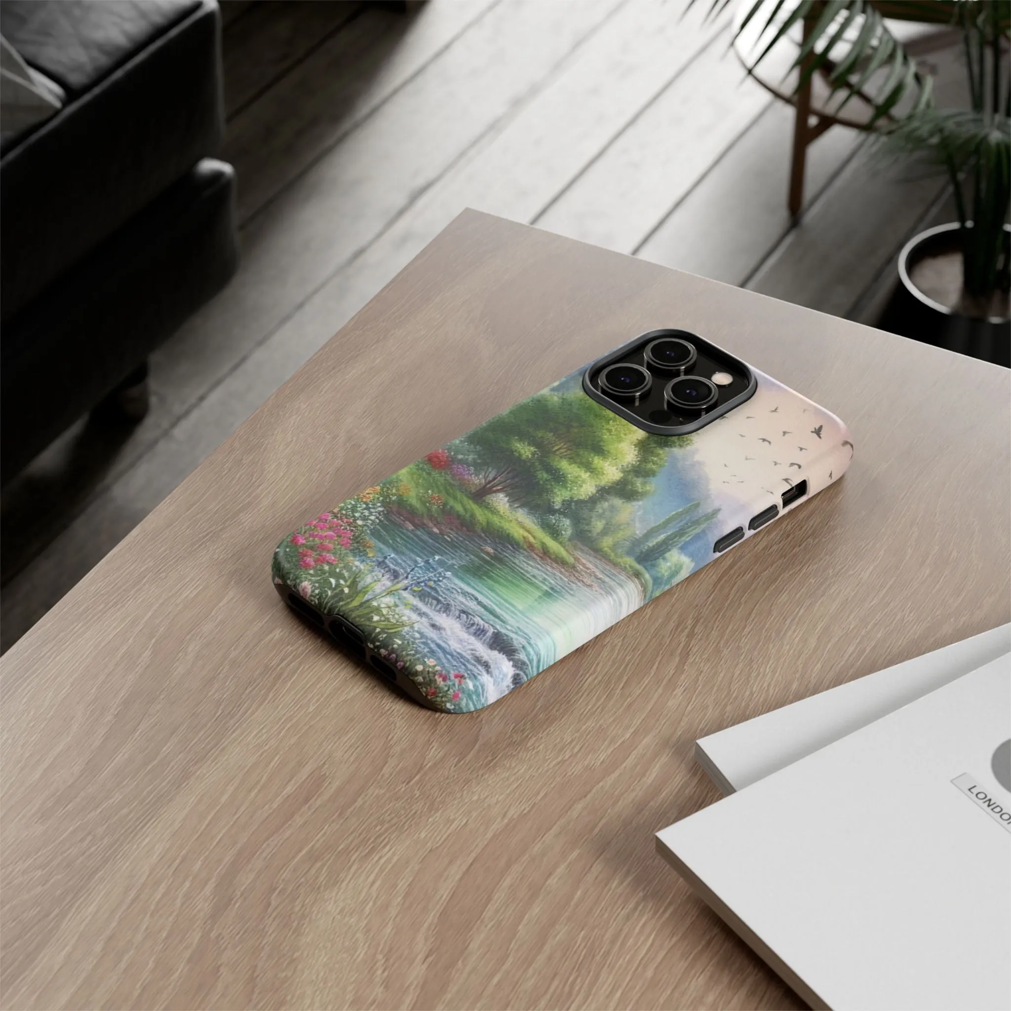 Colorful flowers and nature by a flowing river in spring watercolour effect Tough Cases