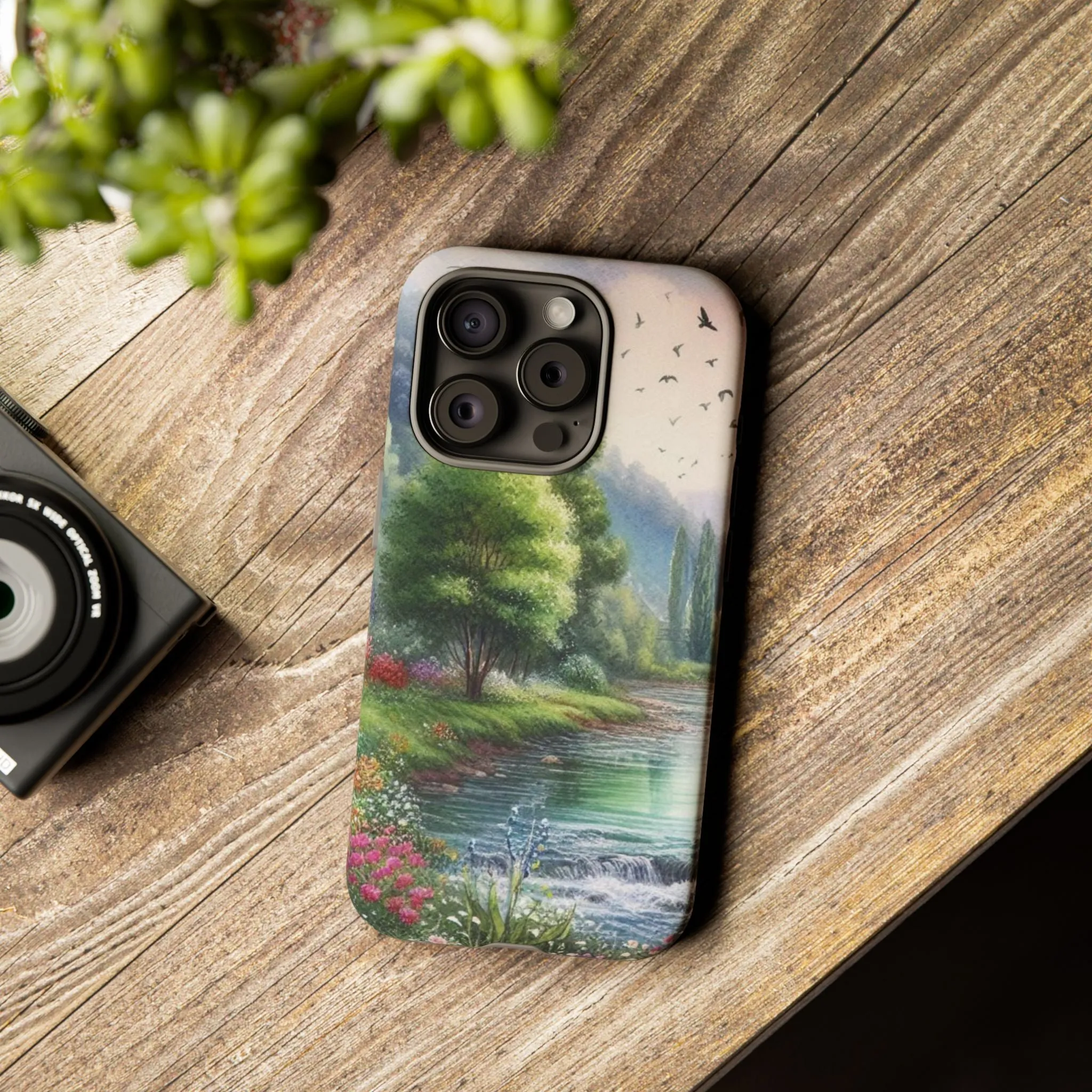 Colorful flowers and nature by a flowing river in spring watercolour effect Tough Cases