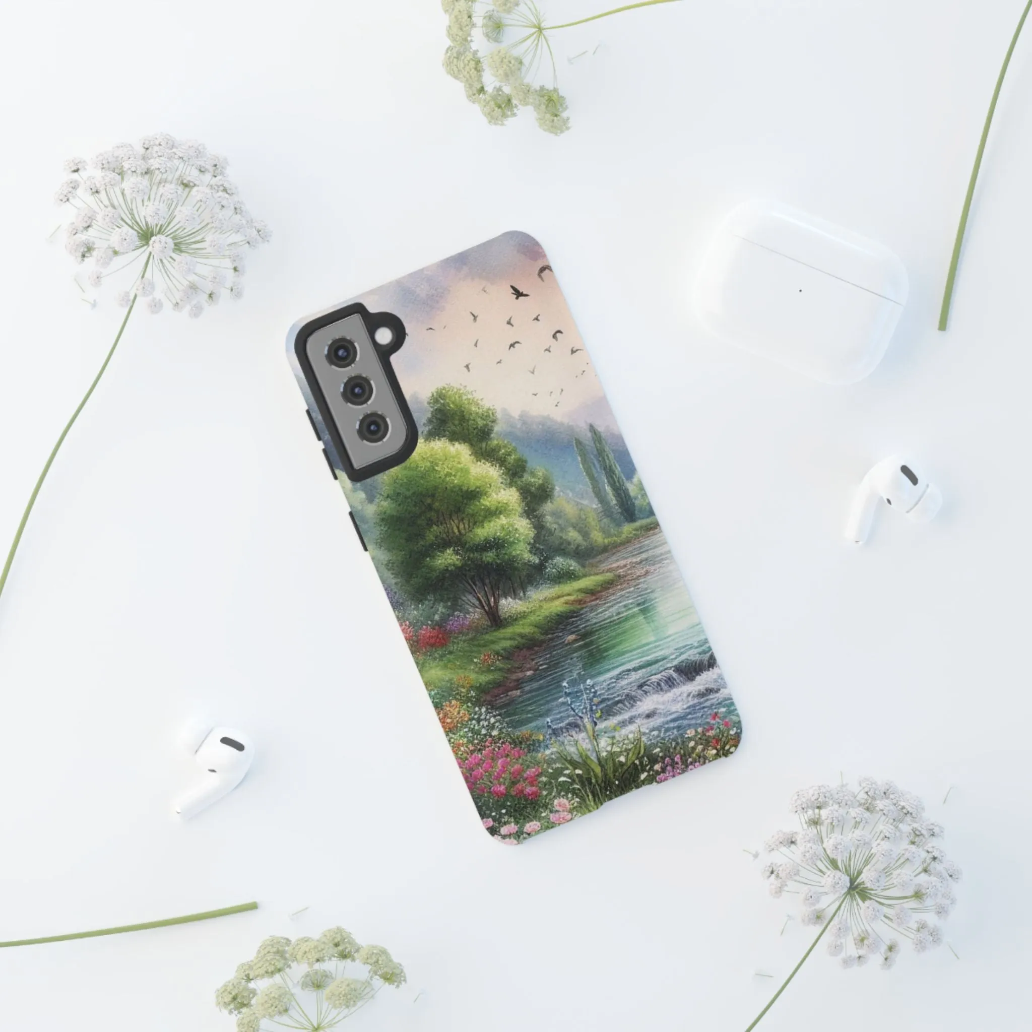 Colorful flowers and nature by a flowing river in spring watercolour effect Tough Cases