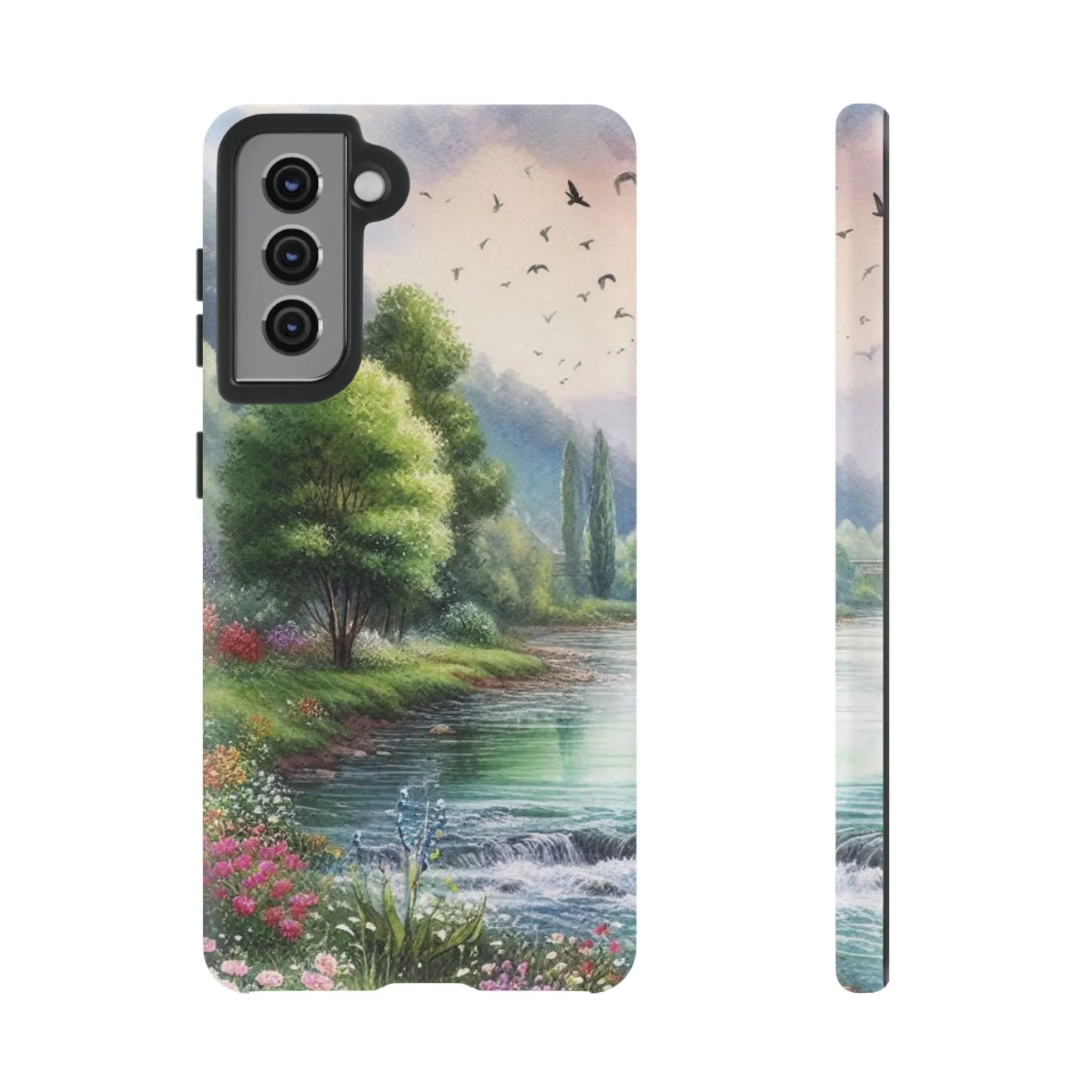 Colorful flowers and nature by a flowing river in spring watercolour effect Tough Cases