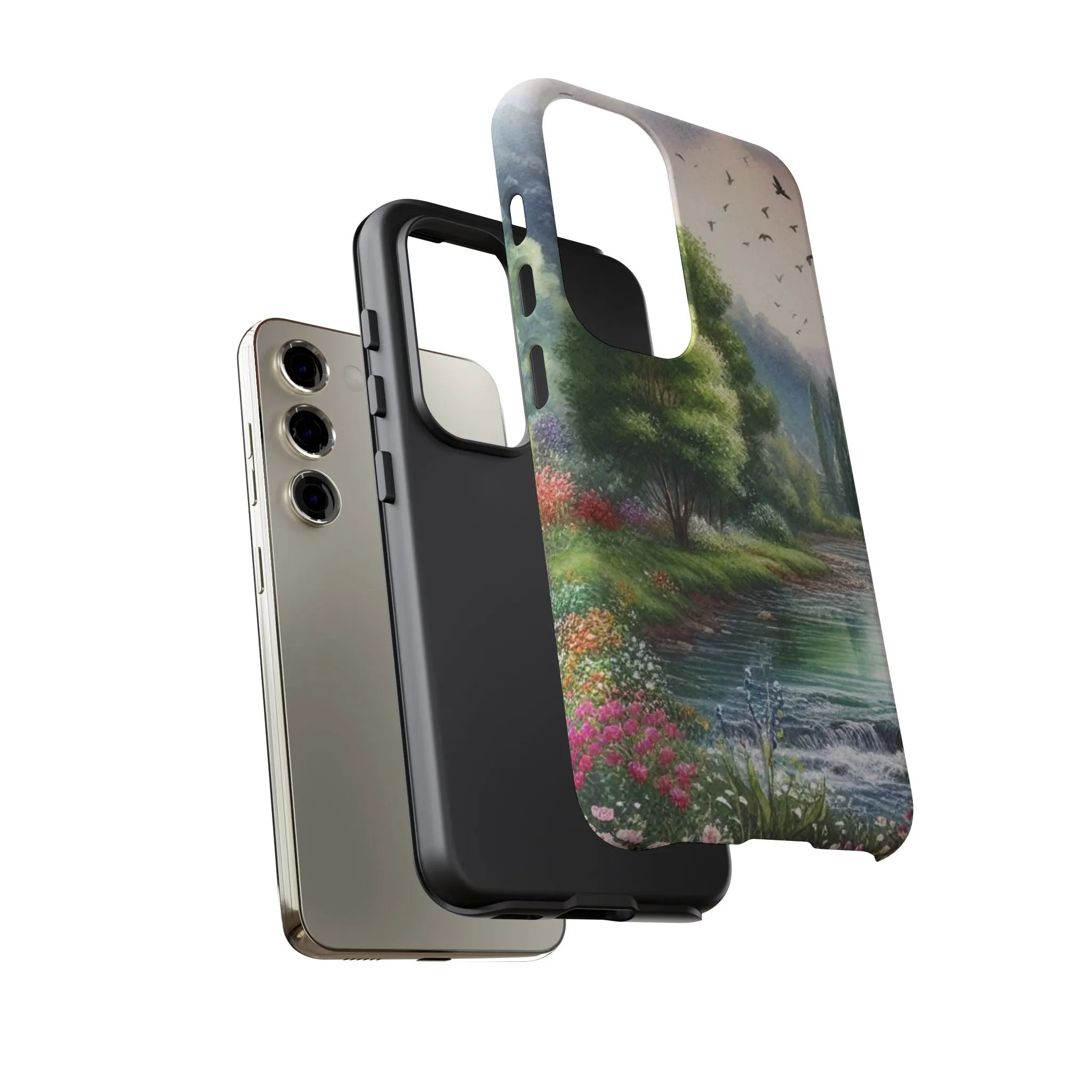 Colorful flowers and nature by a flowing river in spring watercolour effect Tough Cases