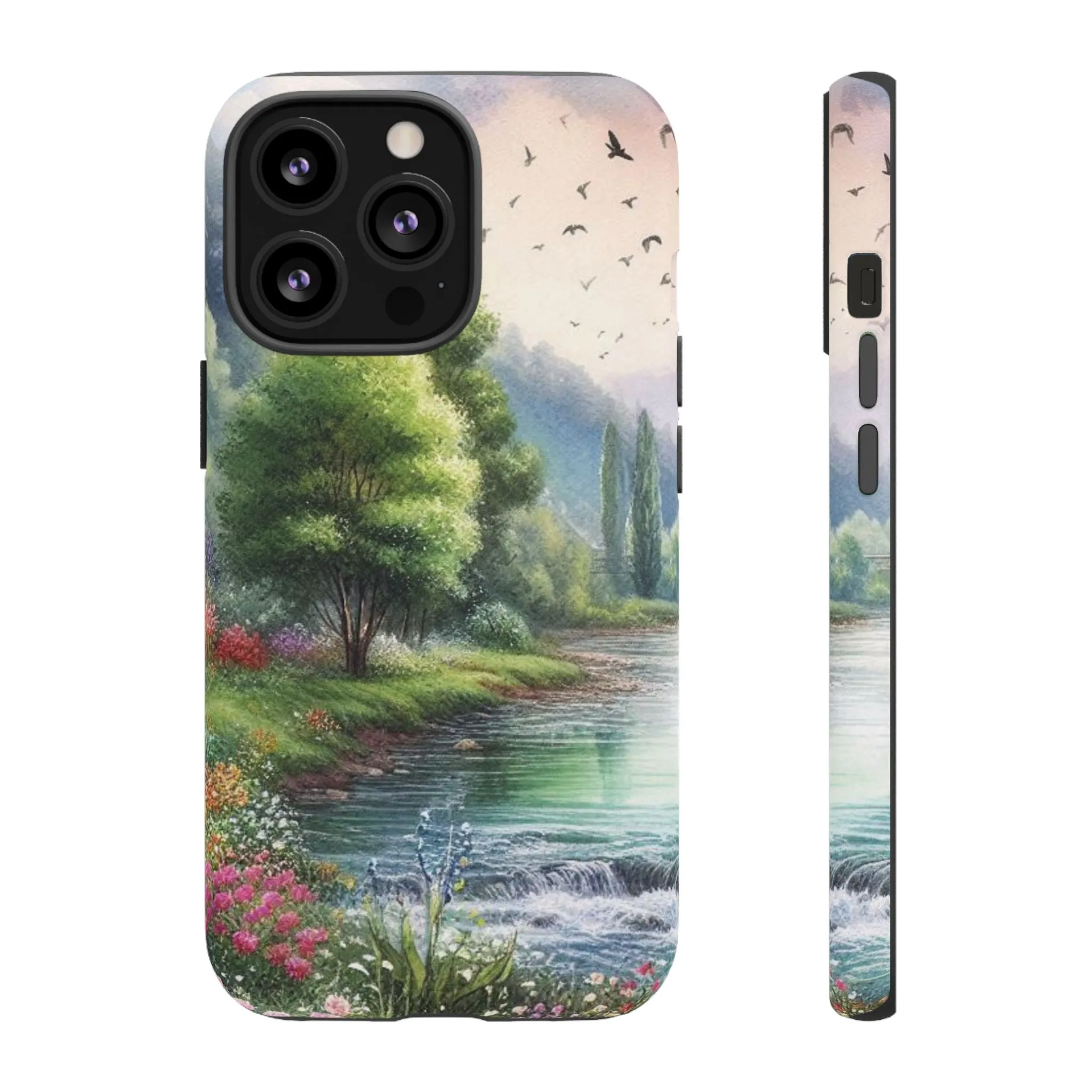Colorful flowers and nature by a flowing river in spring watercolour effect Tough Cases
