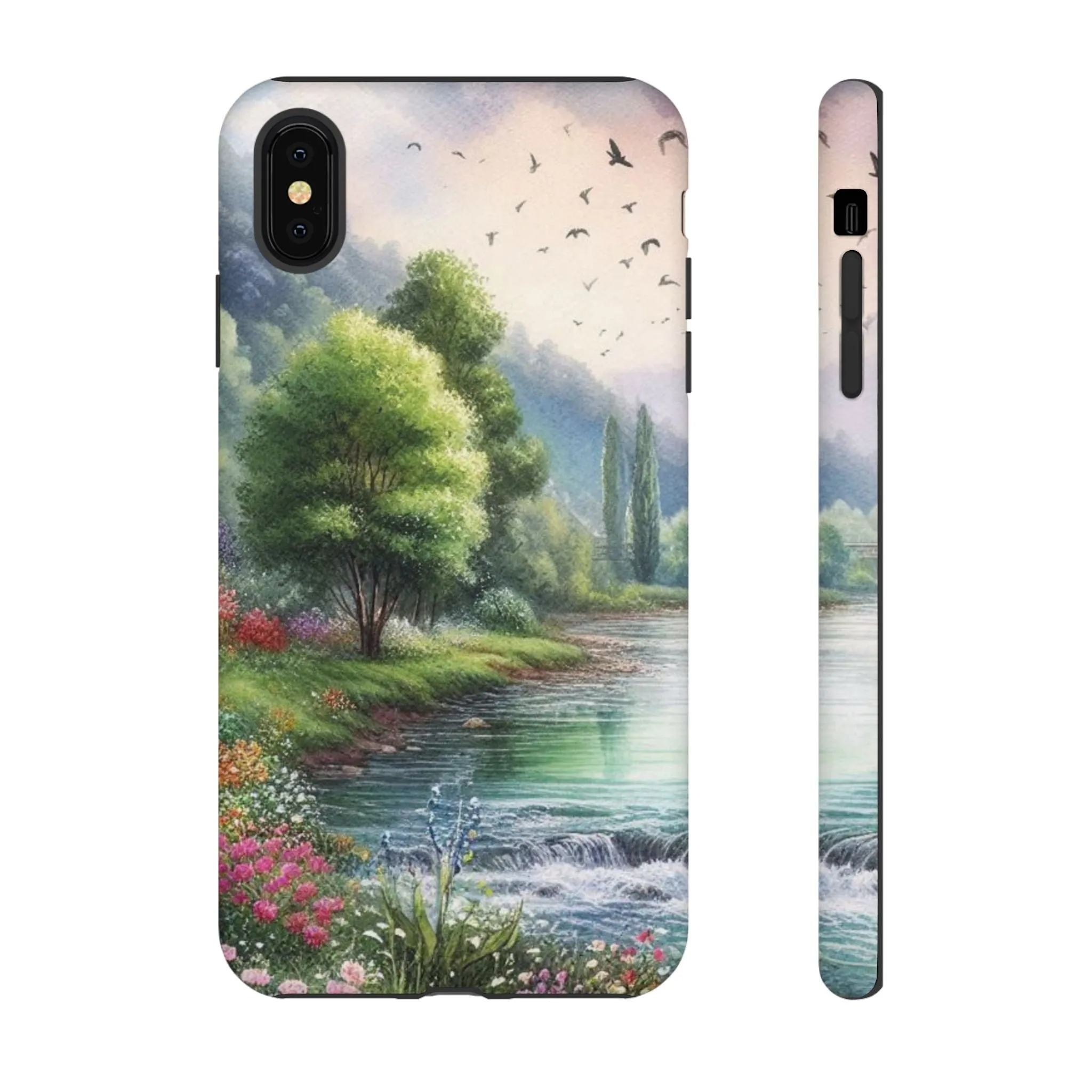 Colorful flowers and nature by a flowing river in spring watercolour effect Tough Cases
