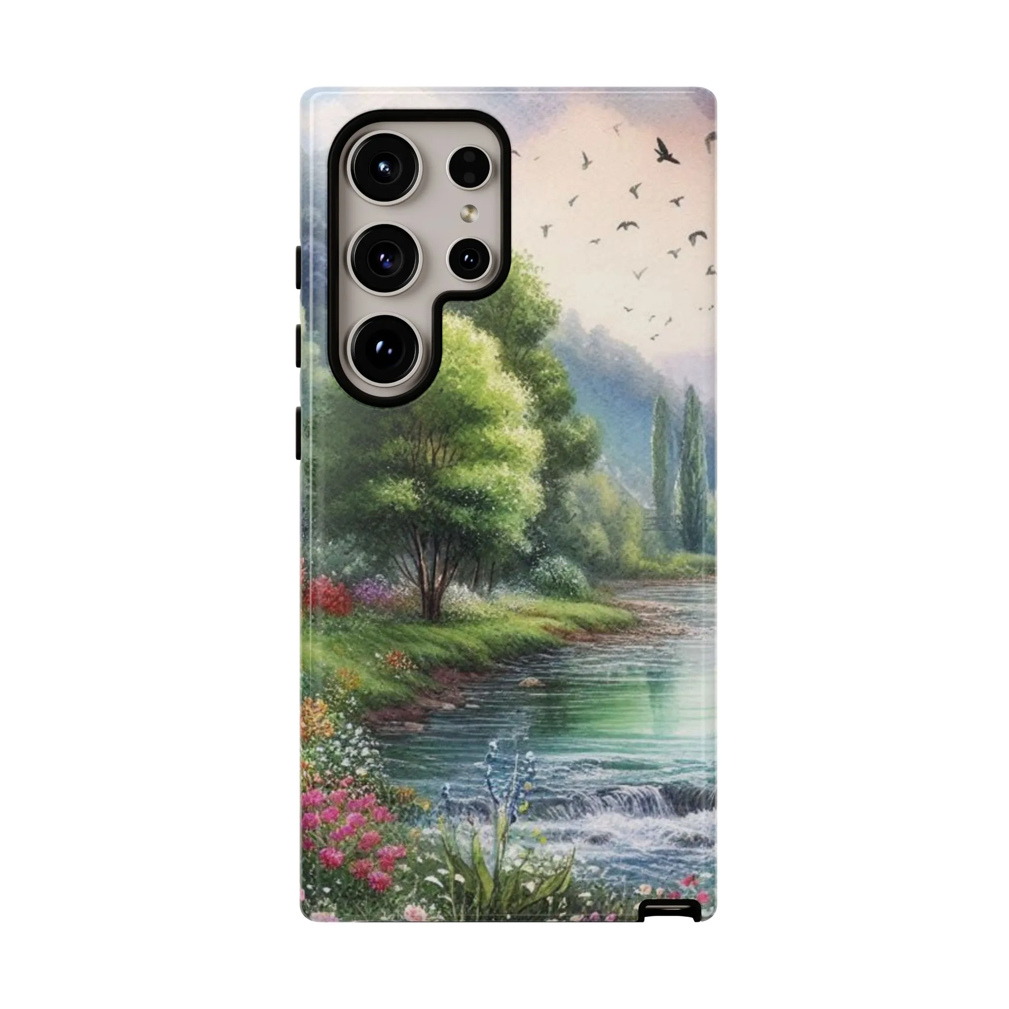 Colorful flowers and nature by a flowing river in spring watercolour effect Tough Cases
