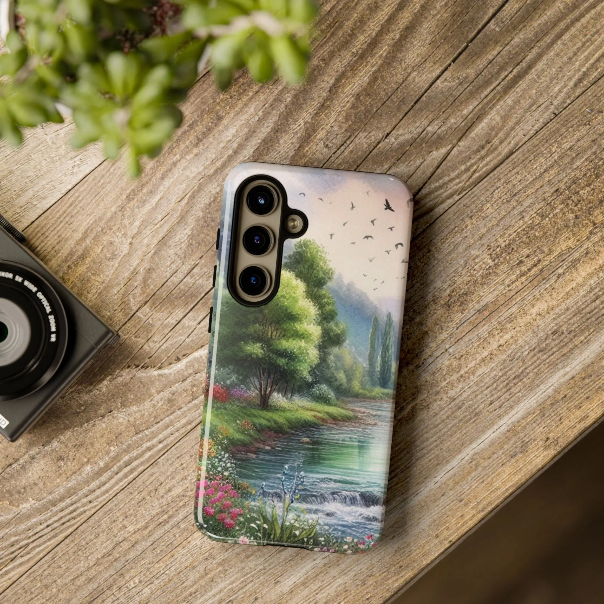 Colorful flowers and nature by a flowing river in spring watercolour effect Tough Cases