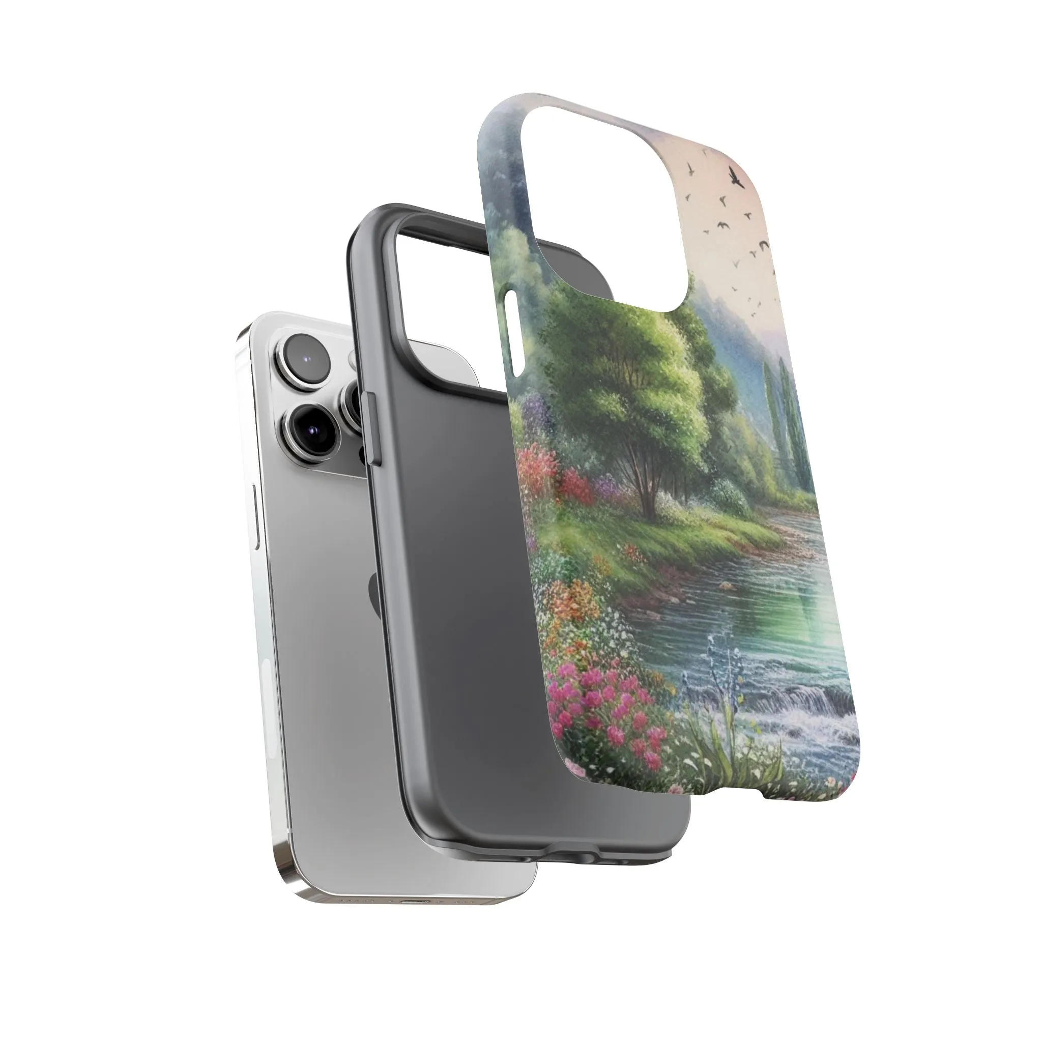 Colorful flowers and nature by a flowing river in spring watercolour effect Tough Cases