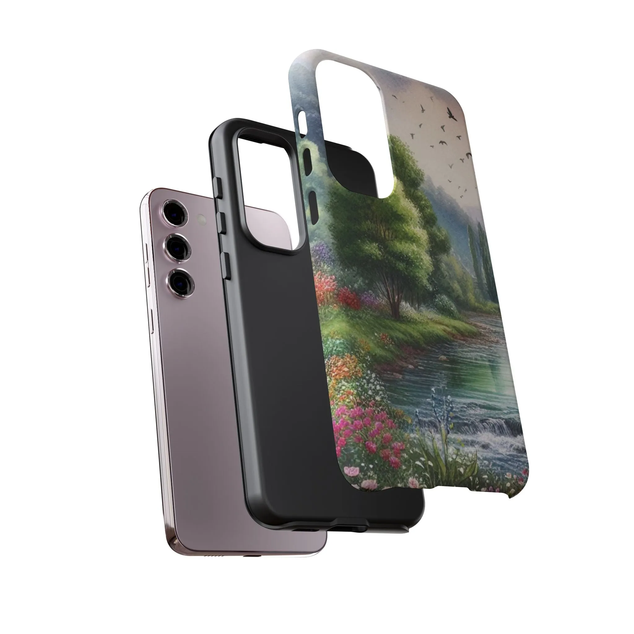 Colorful flowers and nature by a flowing river in spring watercolour effect Tough Cases