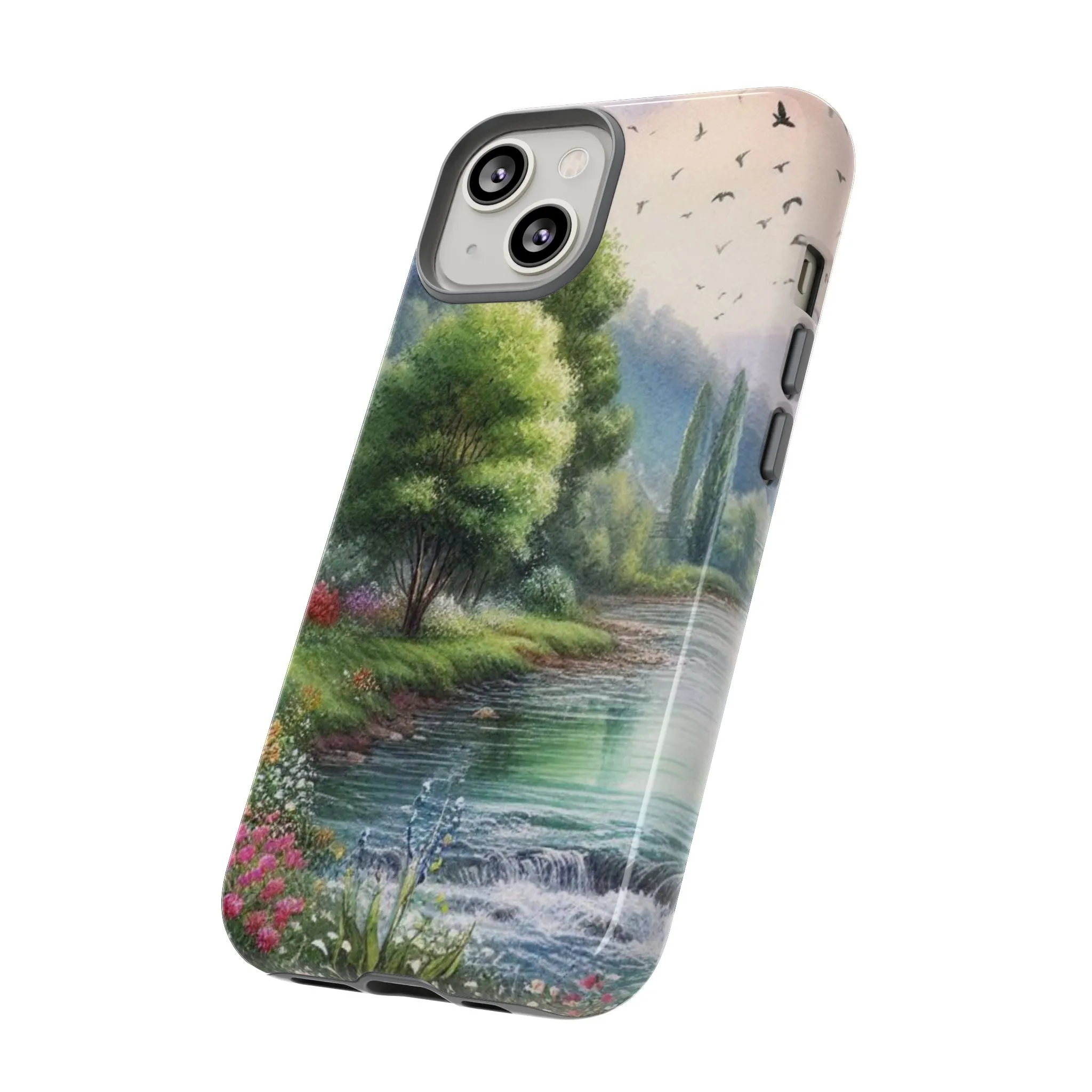 Colorful flowers and nature by a flowing river in spring watercolour effect Tough Cases