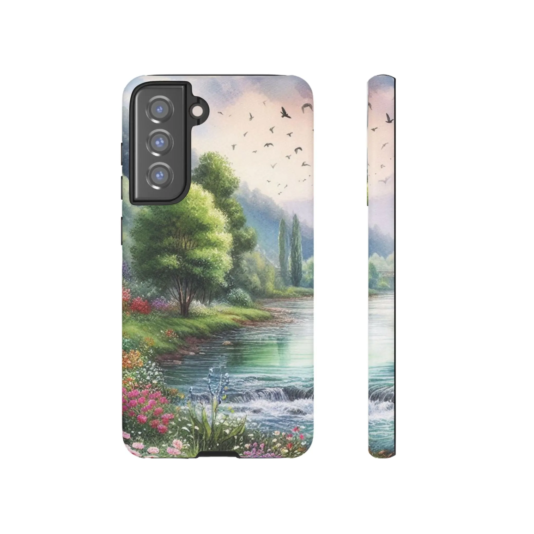 Colorful flowers and nature by a flowing river in spring watercolour effect Tough Cases
