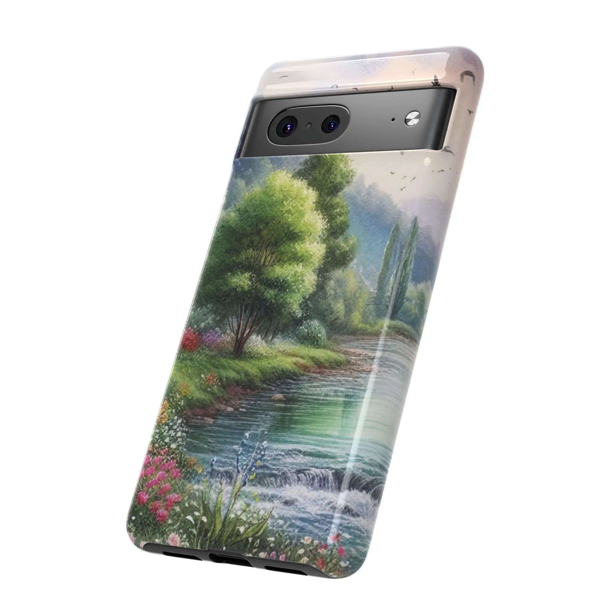 Colorful flowers and nature by a flowing river in spring watercolour effect Tough Cases