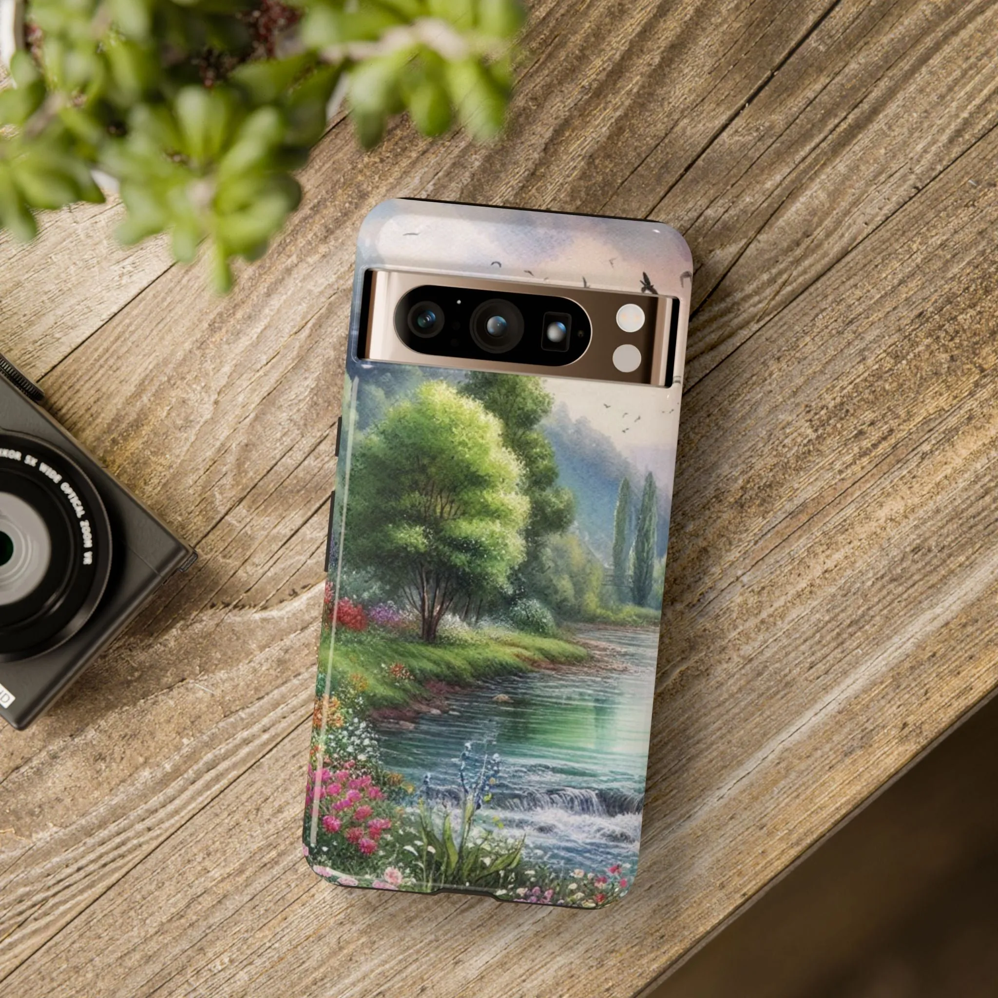 Colorful flowers and nature by a flowing river in spring watercolour effect Tough Cases