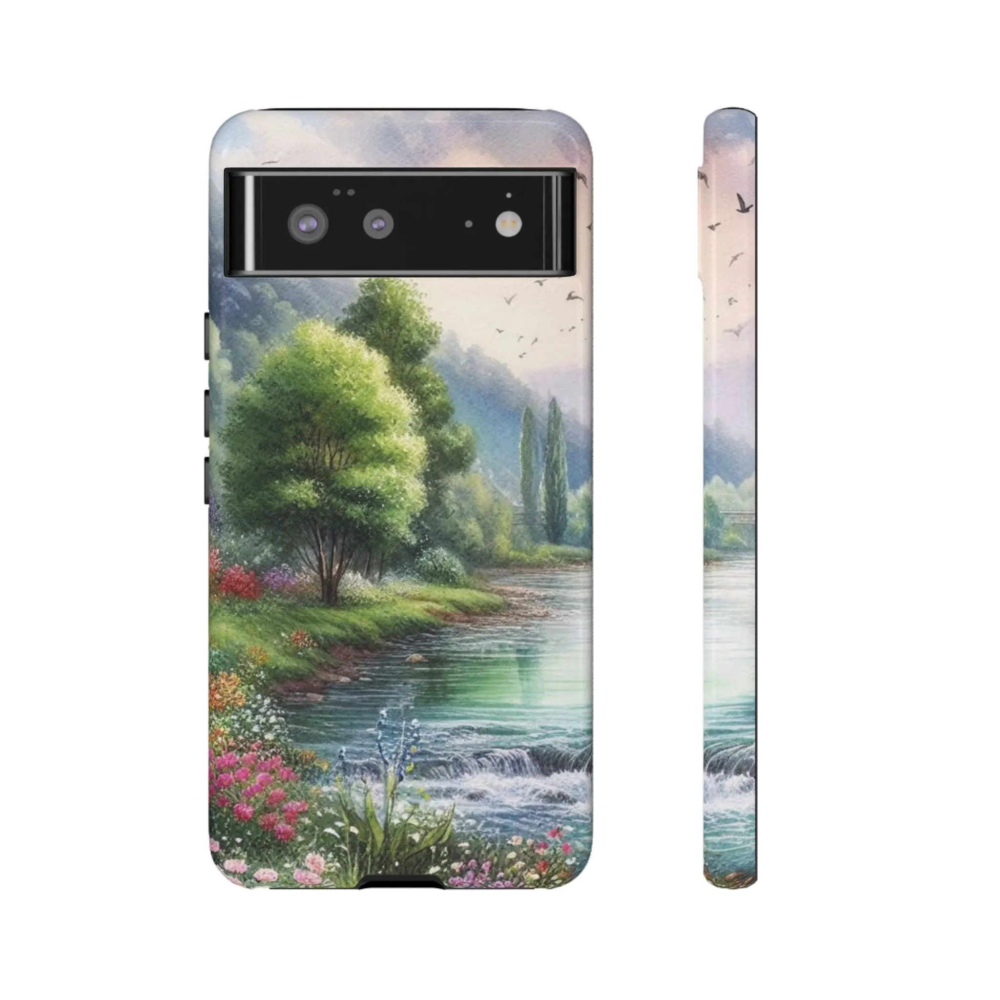 Colorful flowers and nature by a flowing river in spring watercolour effect Tough Cases