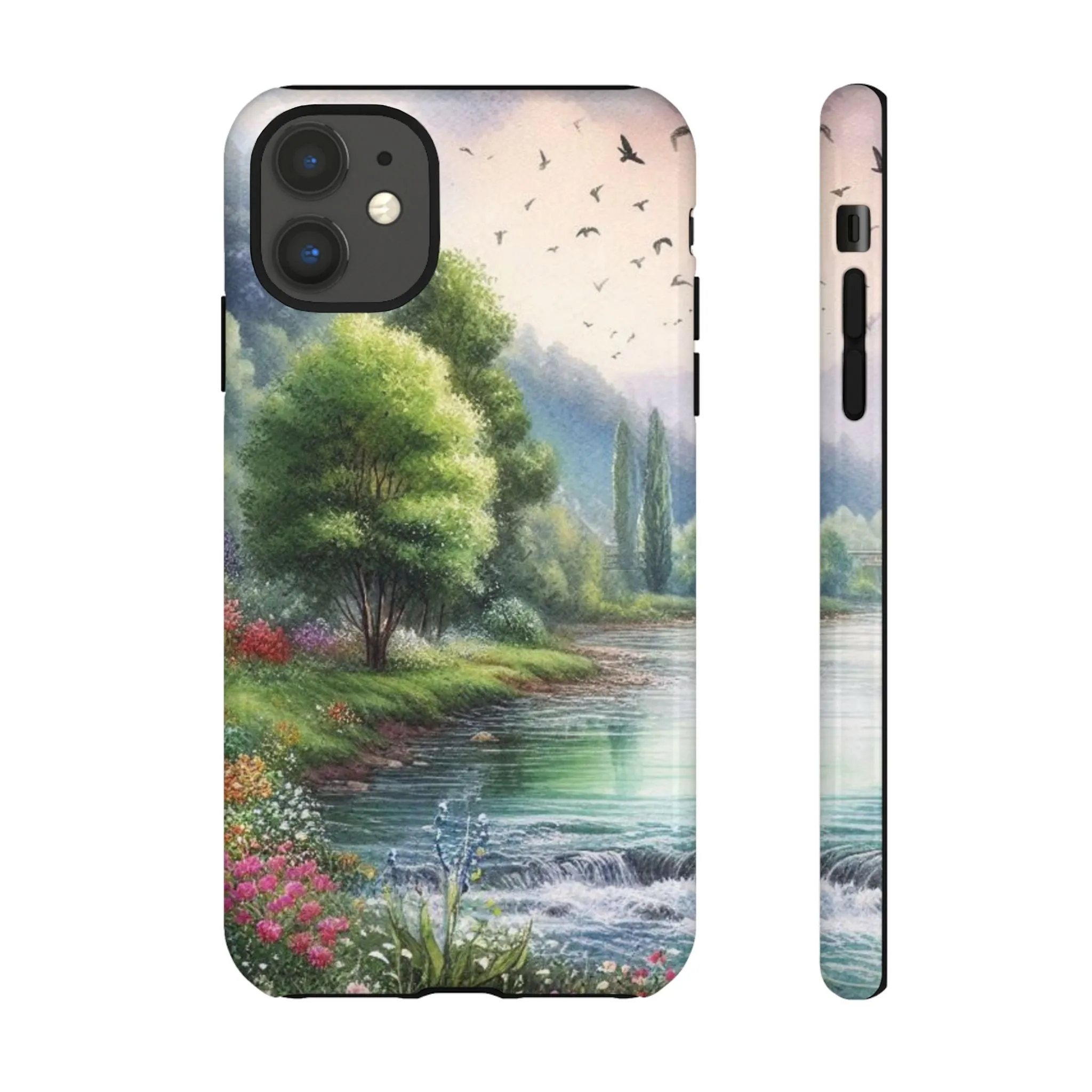 Colorful flowers and nature by a flowing river in spring watercolour effect Tough Cases