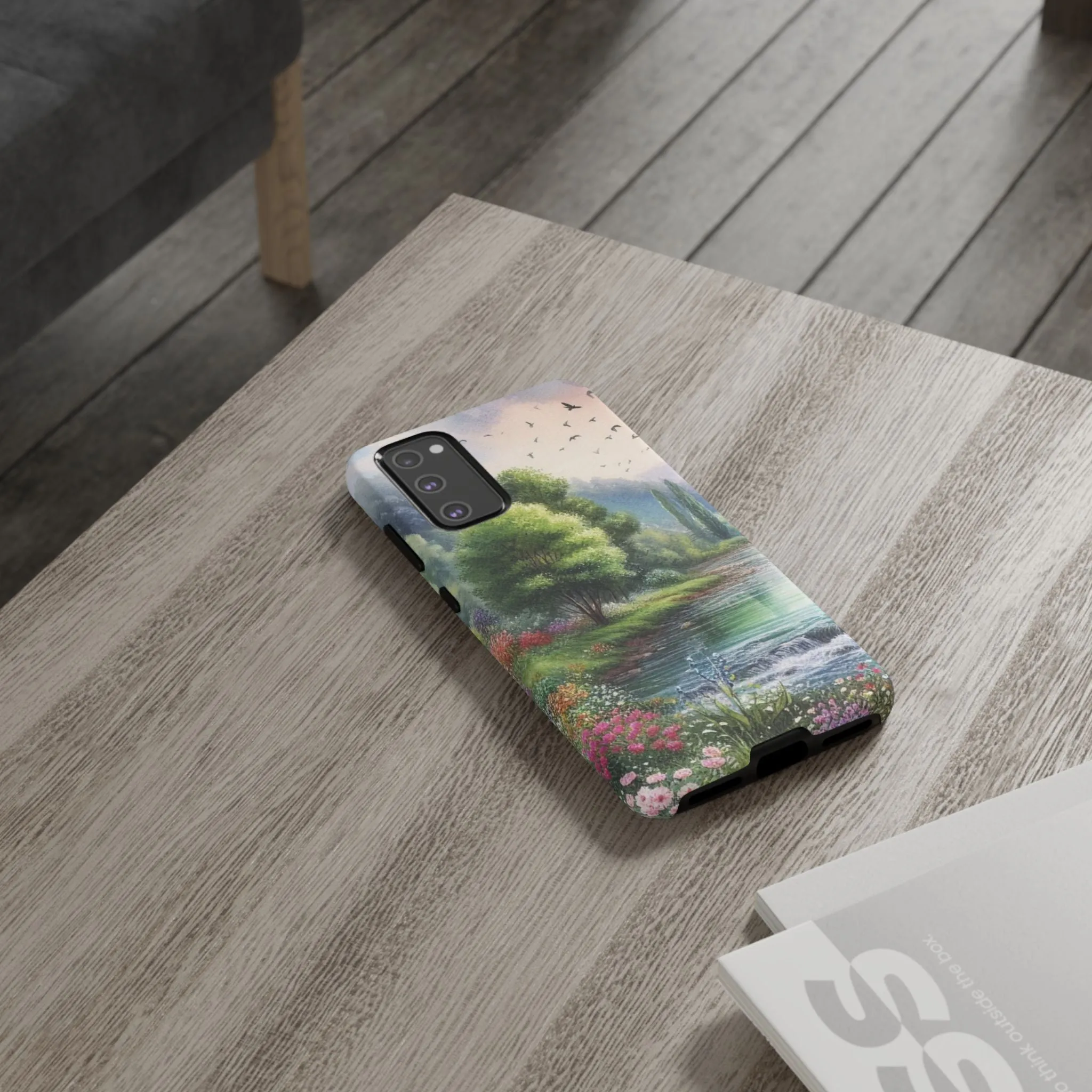 Colorful flowers and nature by a flowing river in spring watercolour effect Tough Cases