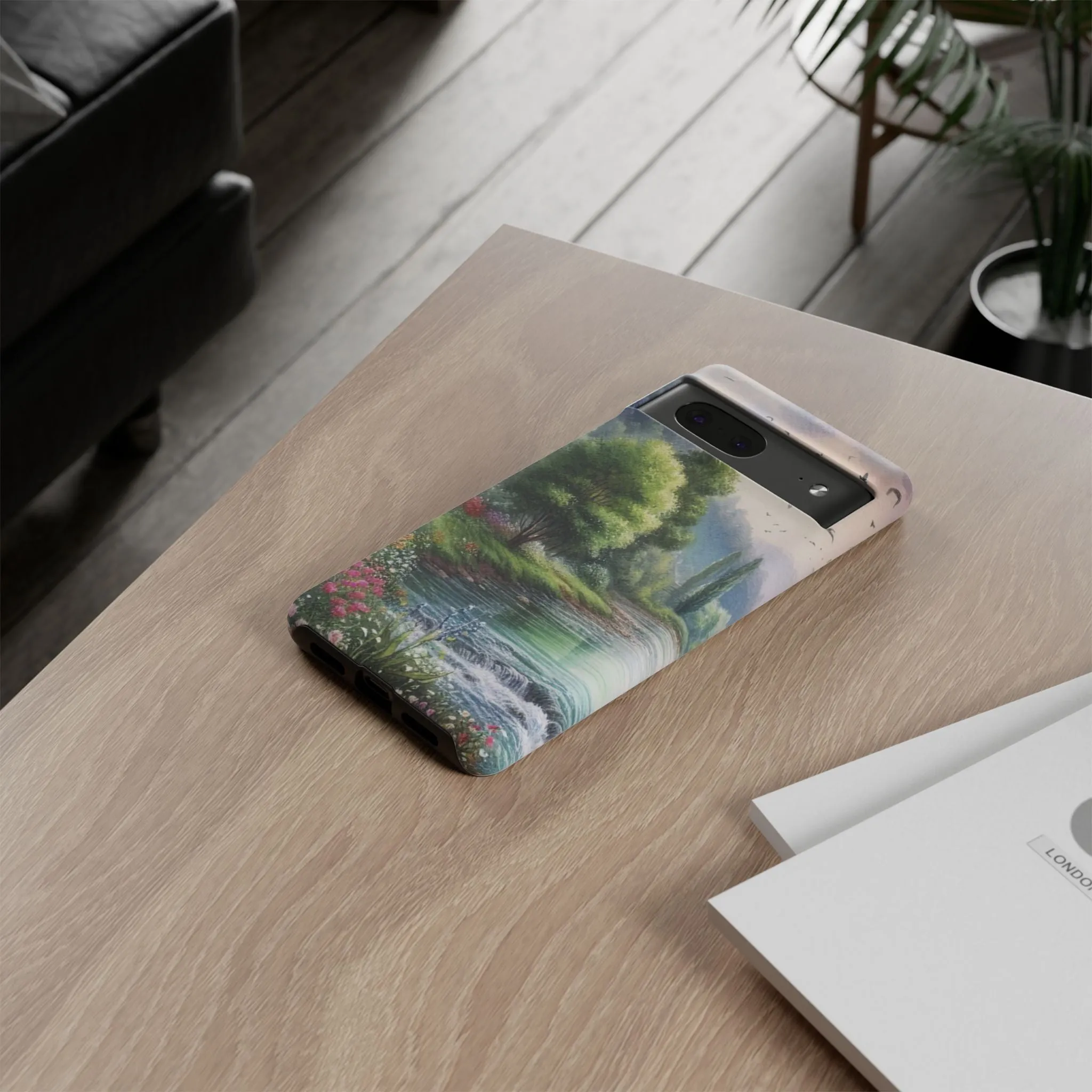 Colorful flowers and nature by a flowing river in spring watercolour effect Tough Cases