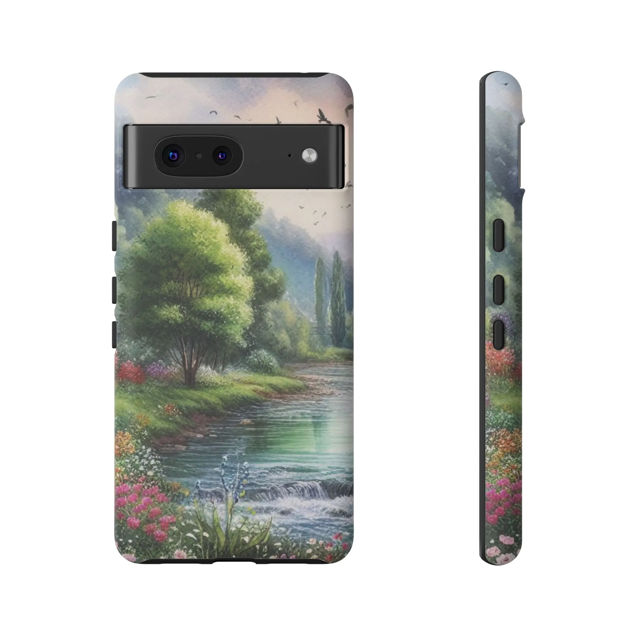 Colorful flowers and nature by a flowing river in spring watercolour effect Tough Cases