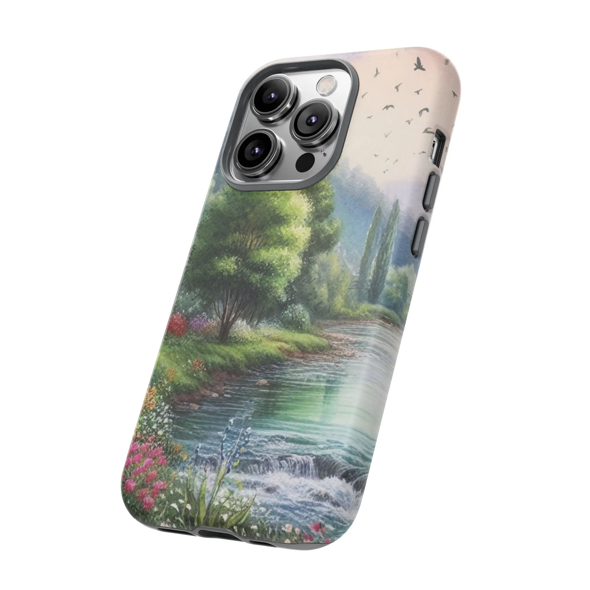 Colorful flowers and nature by a flowing river in spring watercolour effect Tough Cases