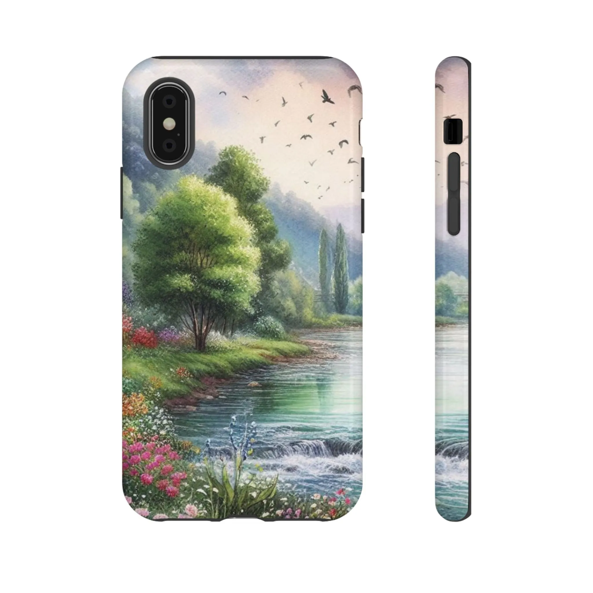Colorful flowers and nature by a flowing river in spring watercolour effect Tough Cases
