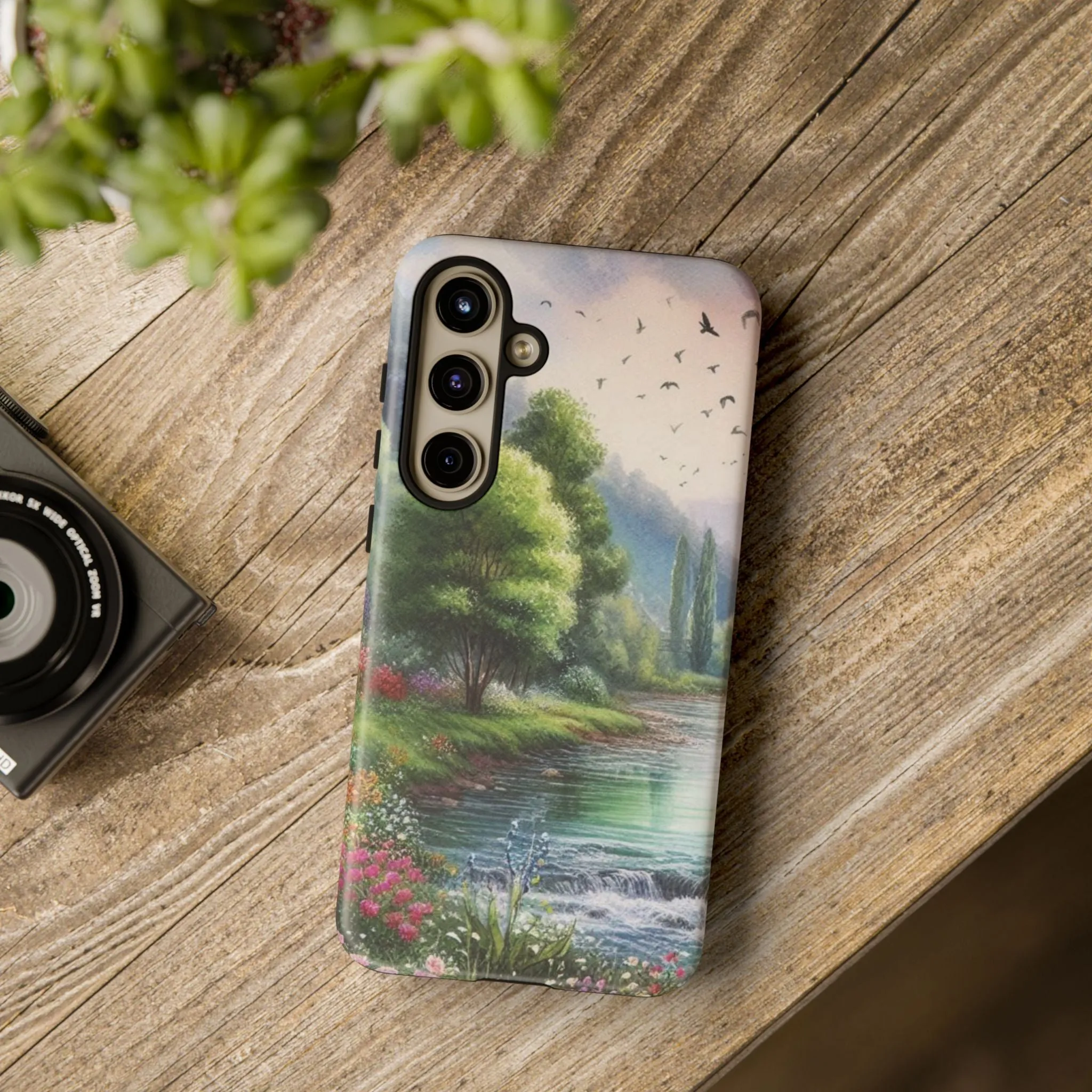Colorful flowers and nature by a flowing river in spring watercolour effect Tough Cases