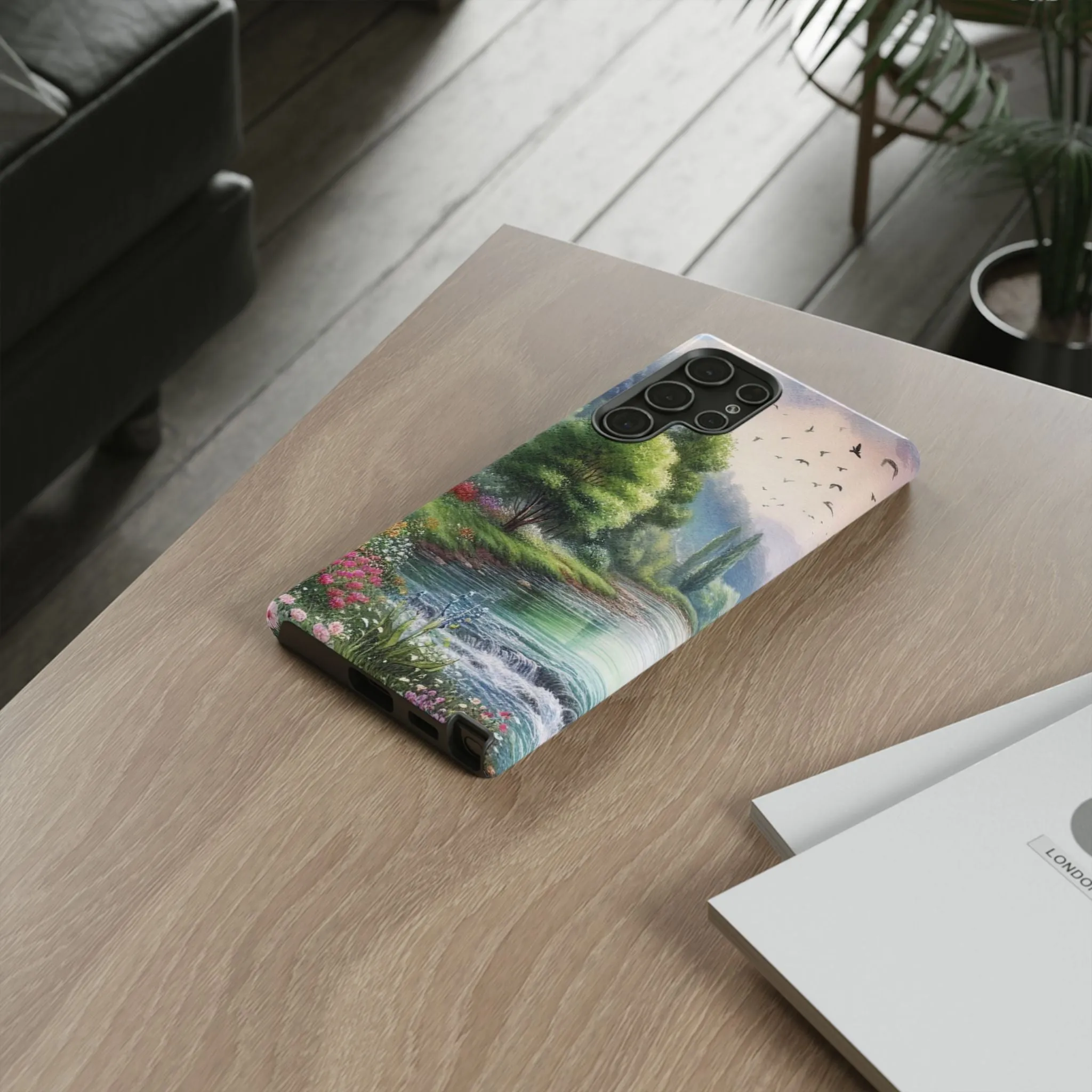 Colorful flowers and nature by a flowing river in spring watercolour effect Tough Cases
