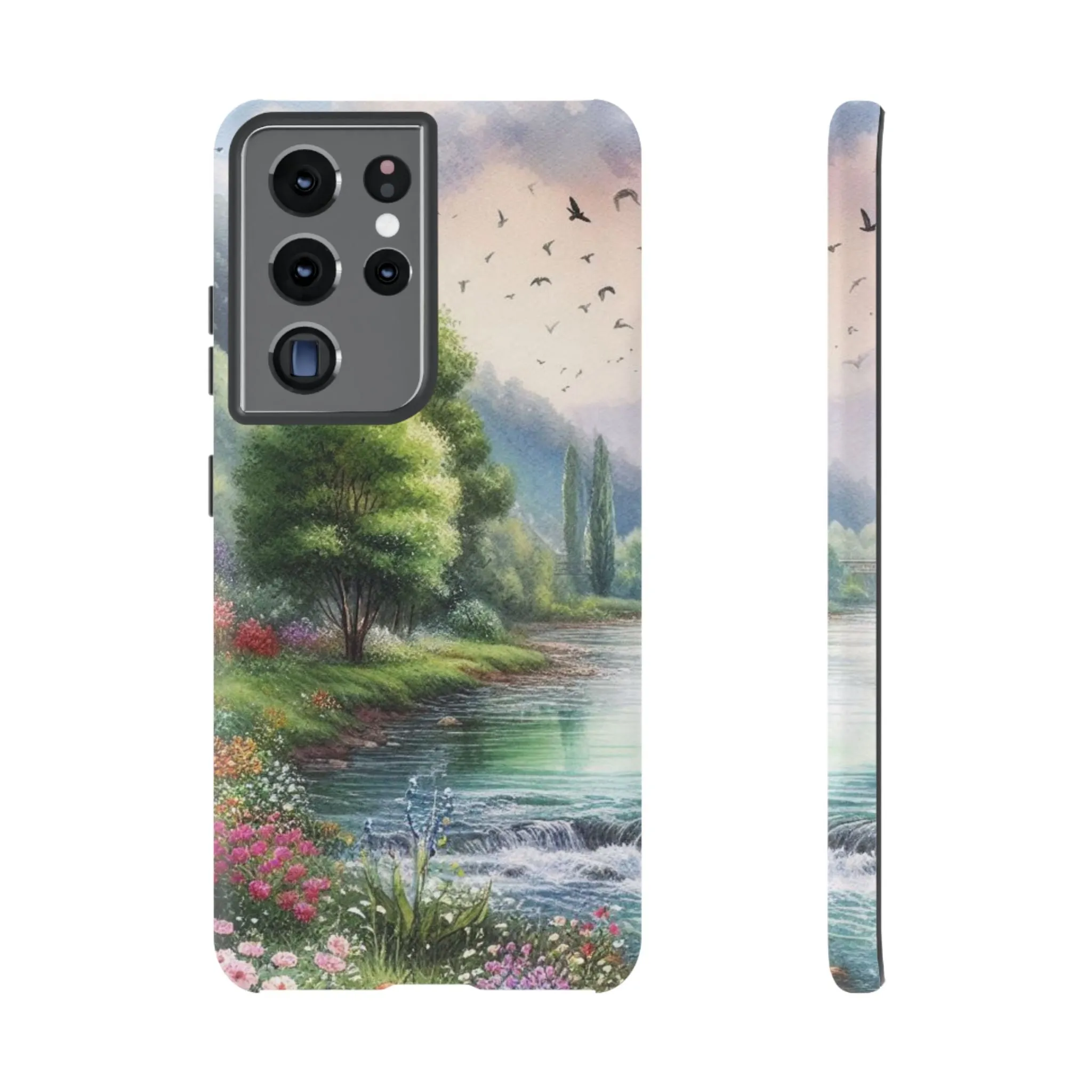 Colorful flowers and nature by a flowing river in spring watercolour effect Tough Cases