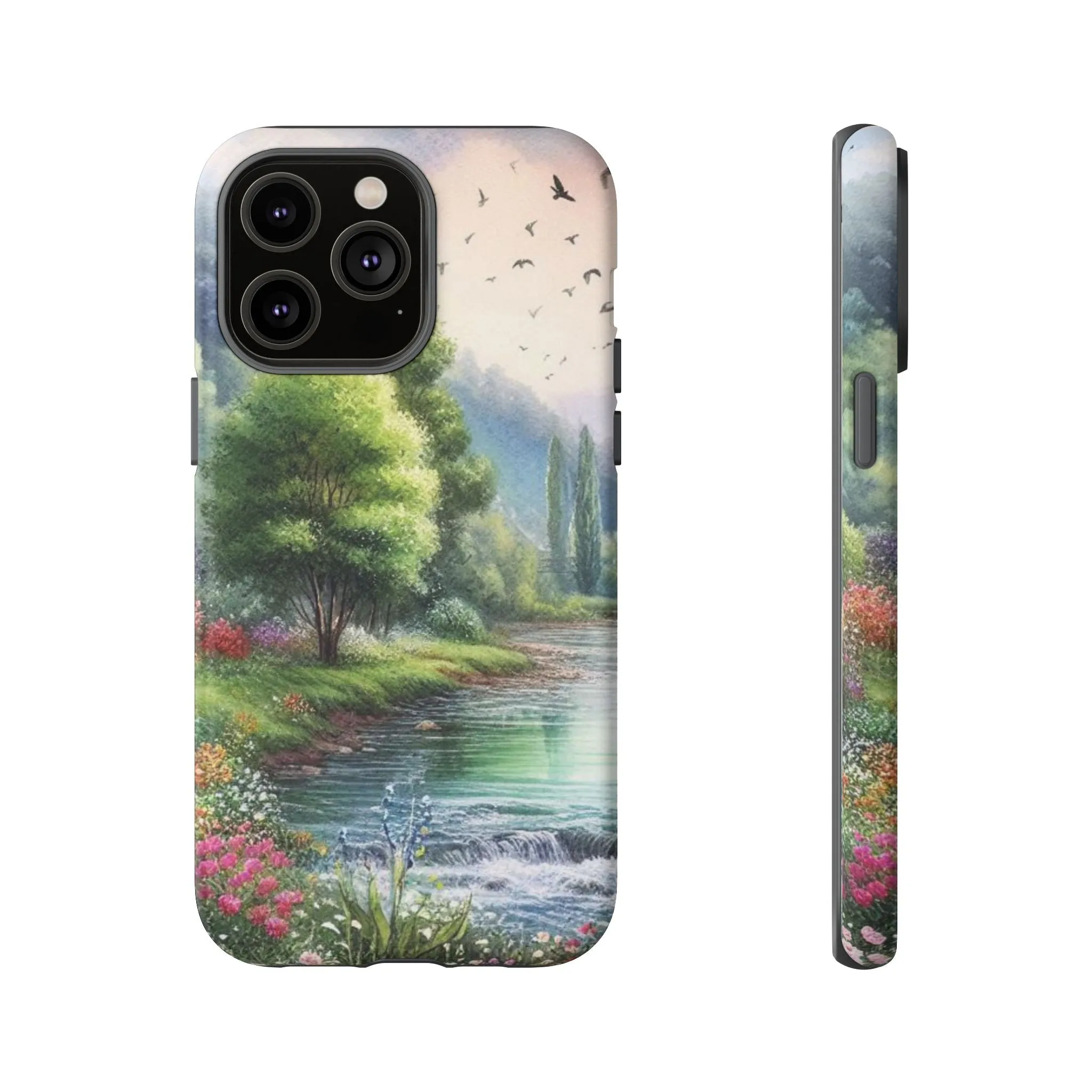 Colorful flowers and nature by a flowing river in spring watercolour effect Tough Cases