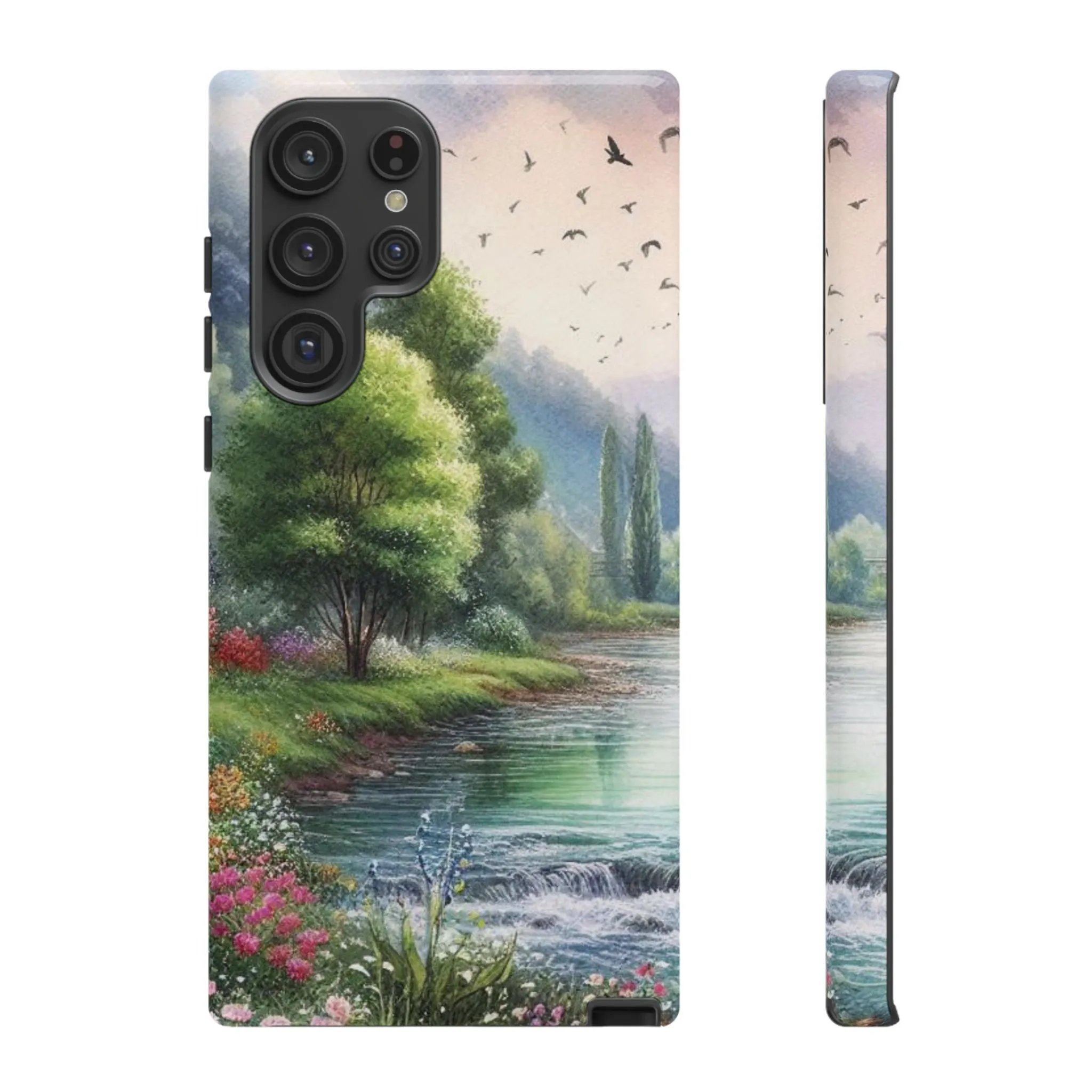 Colorful flowers and nature by a flowing river in spring watercolour effect Tough Cases