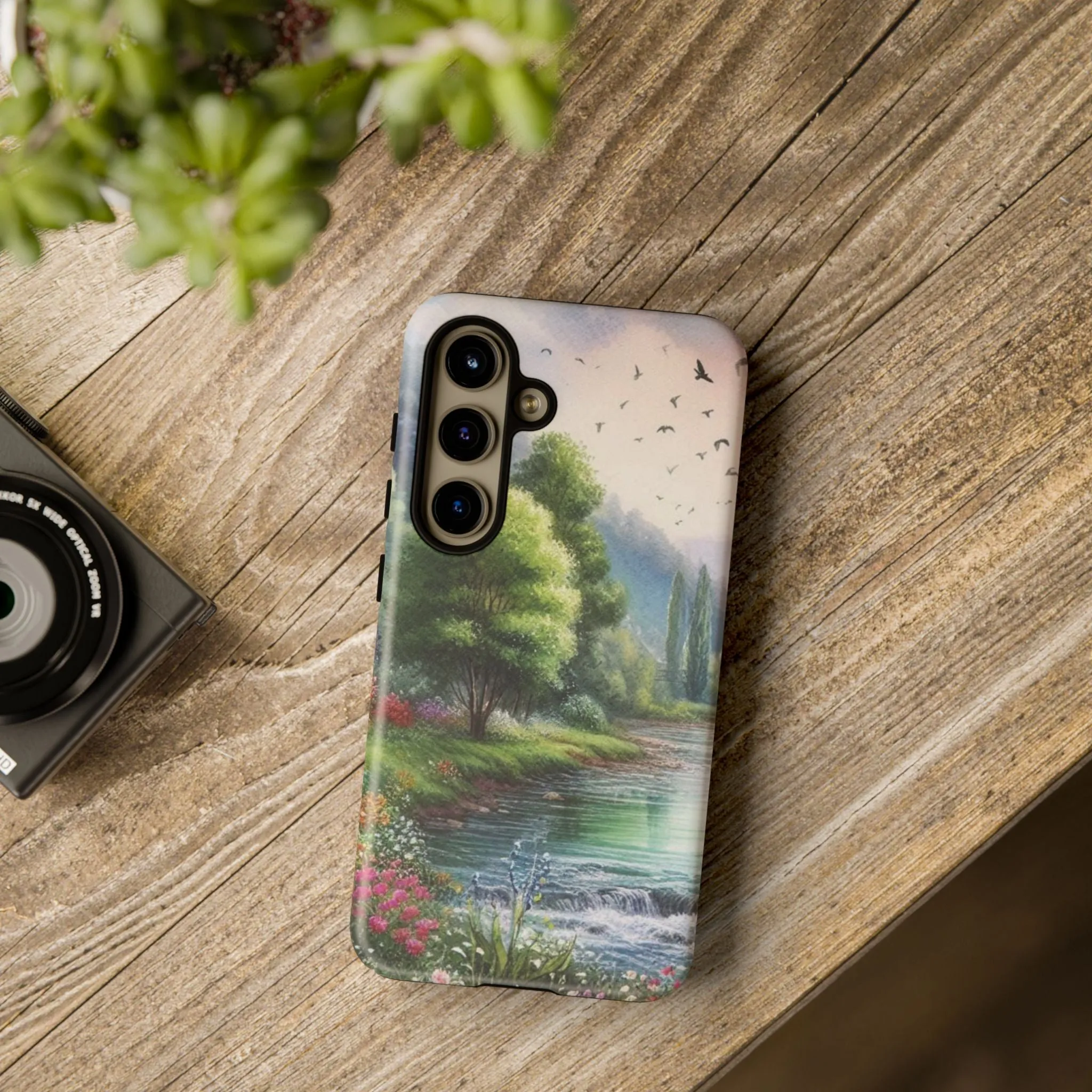 Colorful flowers and nature by a flowing river in spring watercolour effect Tough Cases
